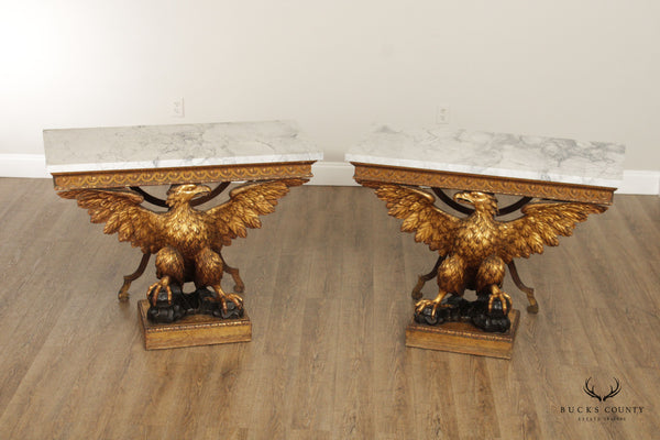 Regency George II Style Pair Giltwood Carved Eagle Marble Top Consoles