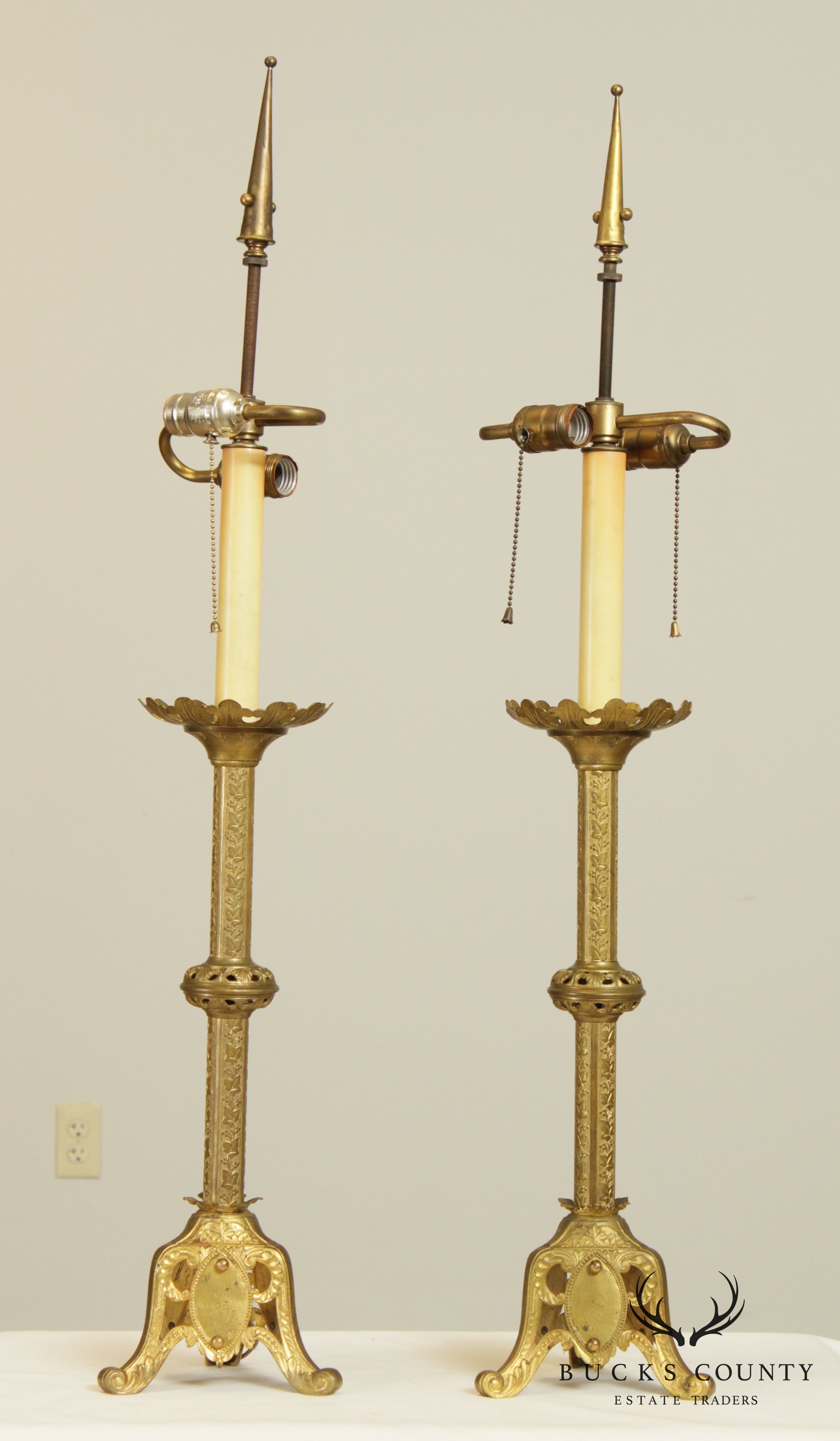 Gothic Revival Antique Aesthetic Brass Pair Converted Candlesticks Lamps