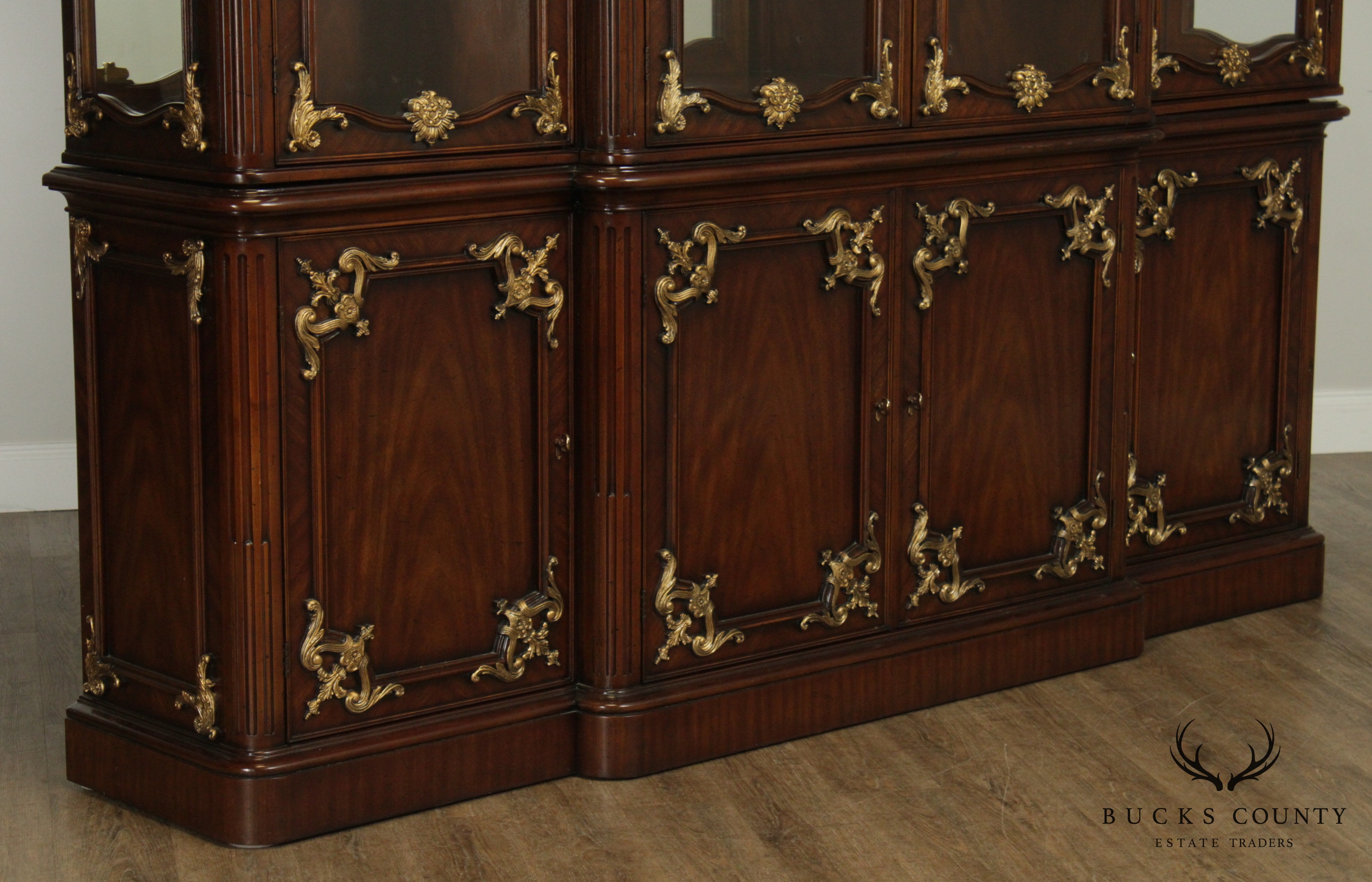 Monumental French Louis XVI Style Mahogany, Partial Gilt Breakfront