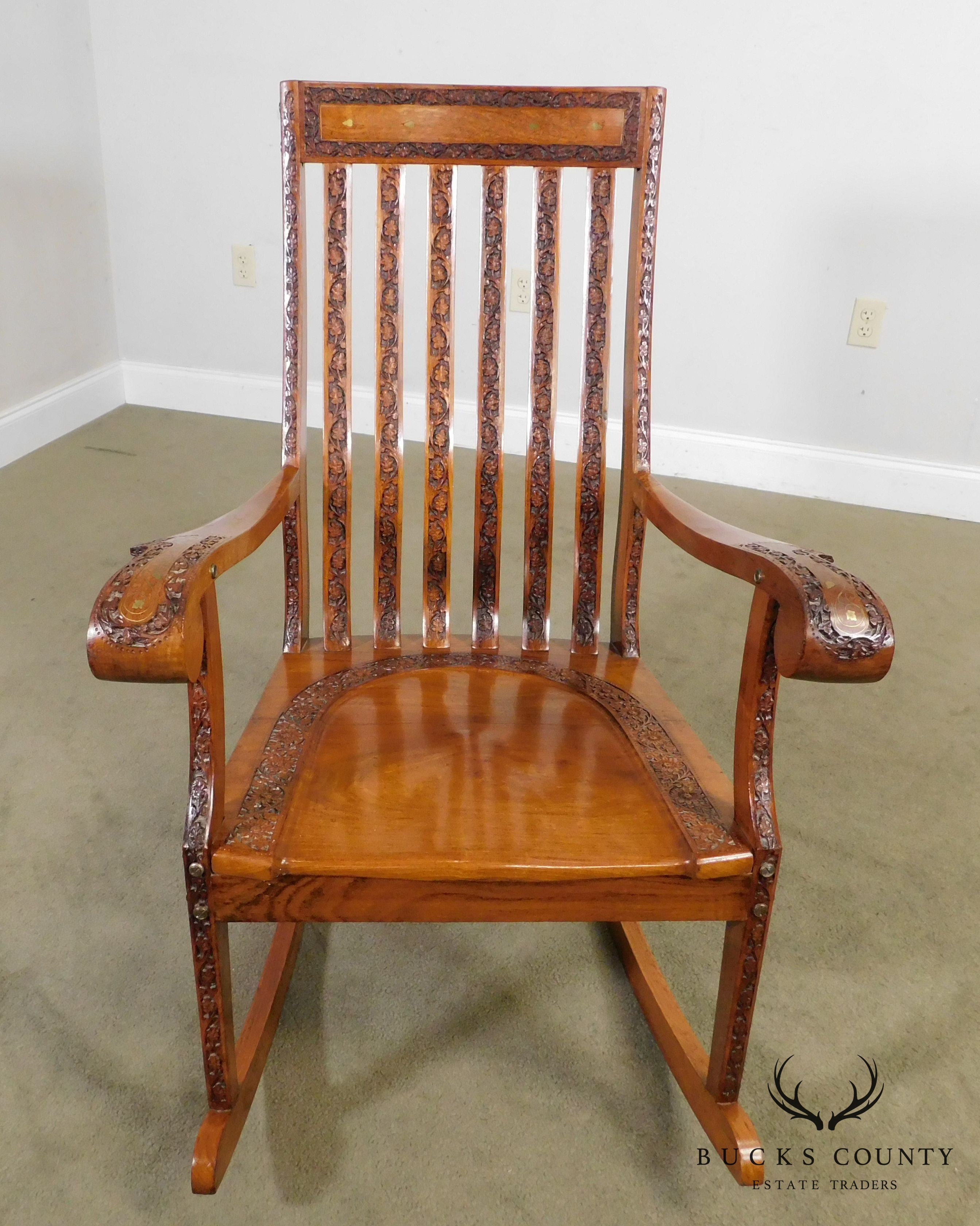 Vintage Indian Carved Hardwood Brass Inlaid Rocker