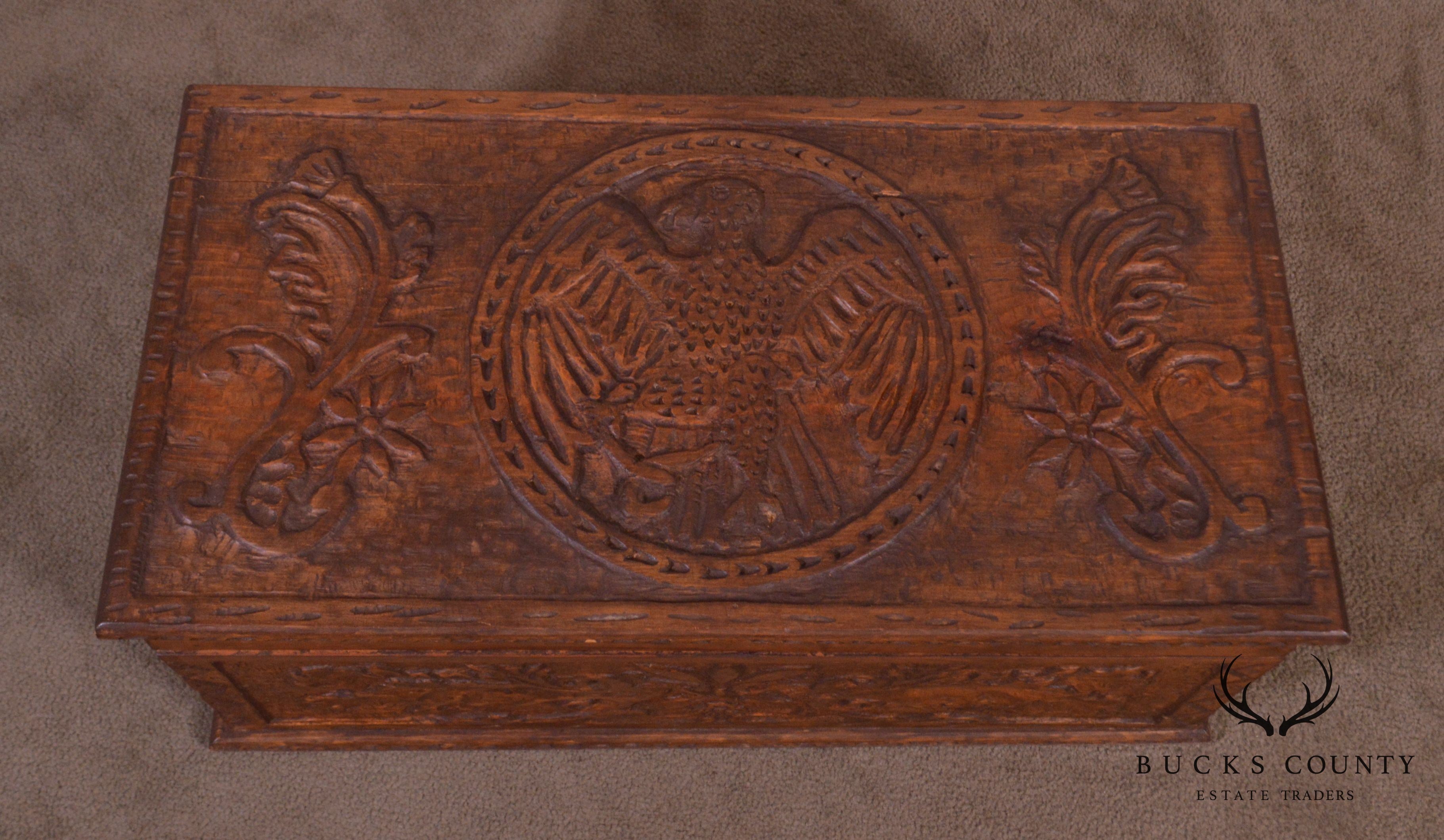 Antique Hand Carved Wood Chest with Eagle