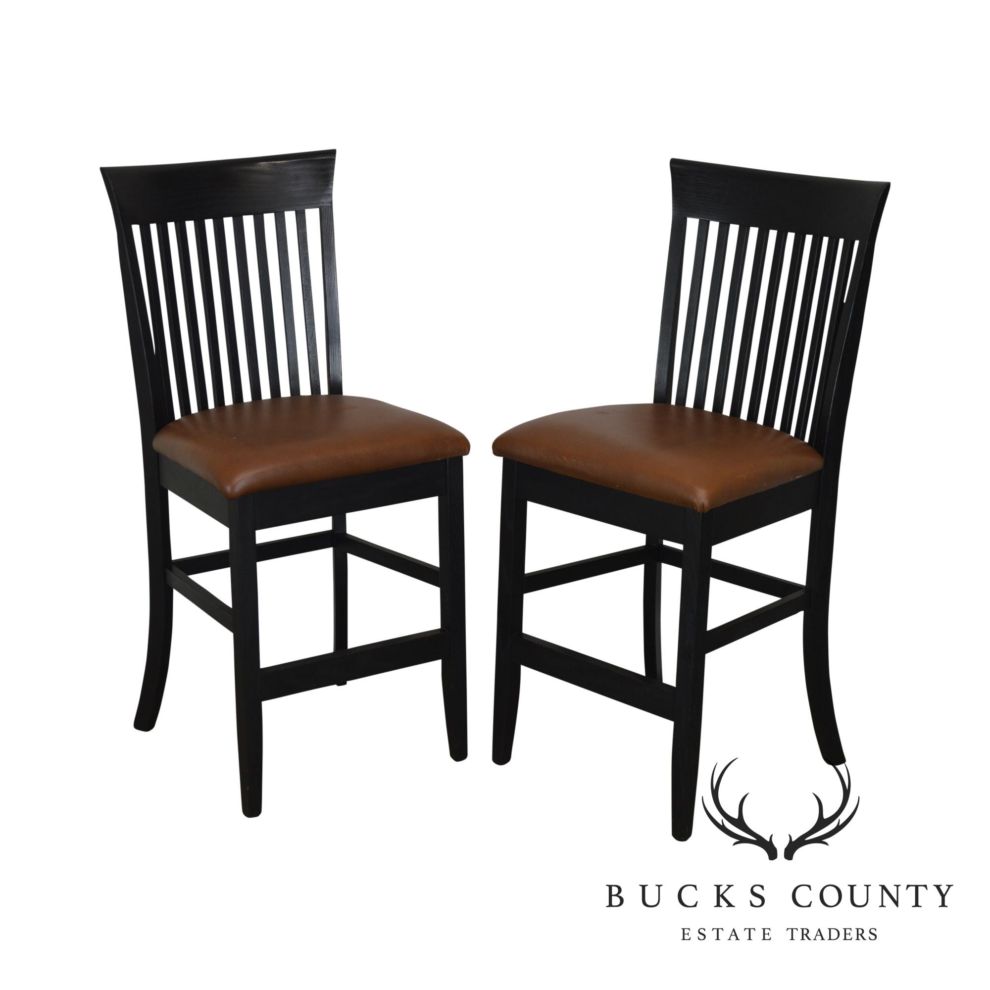 F & N Woodworking Pair Black Bar Stools with Brown Leather Seats