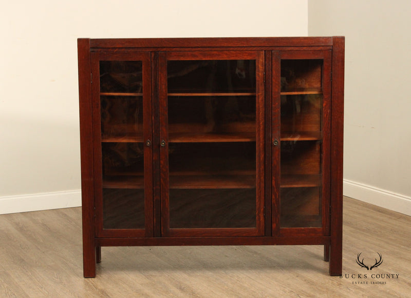 Antique Mission Oak and Glass Three-Door China Cabinet Bookcase