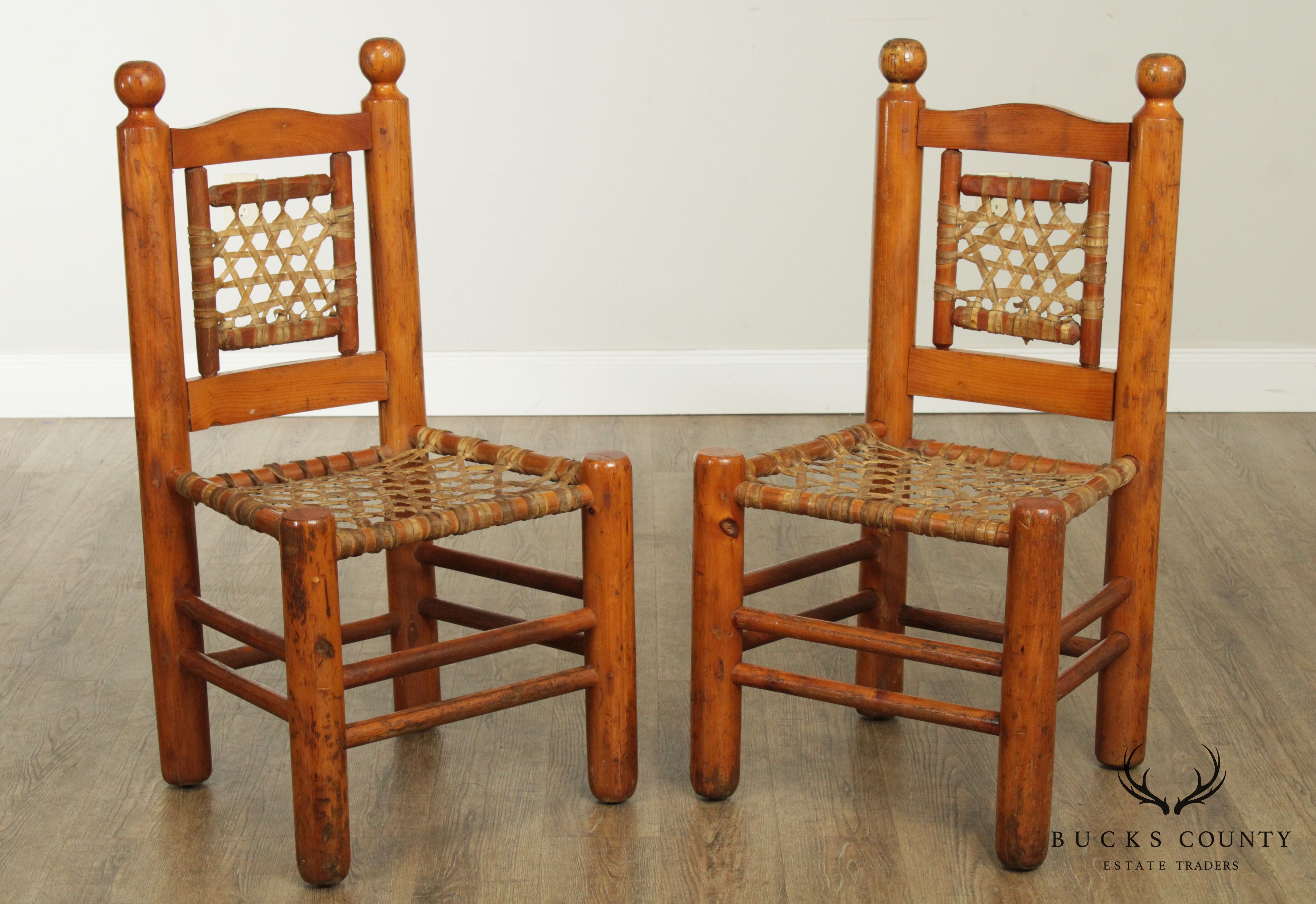 Vintage Pair Pine Rawhide Lace Side Chairs