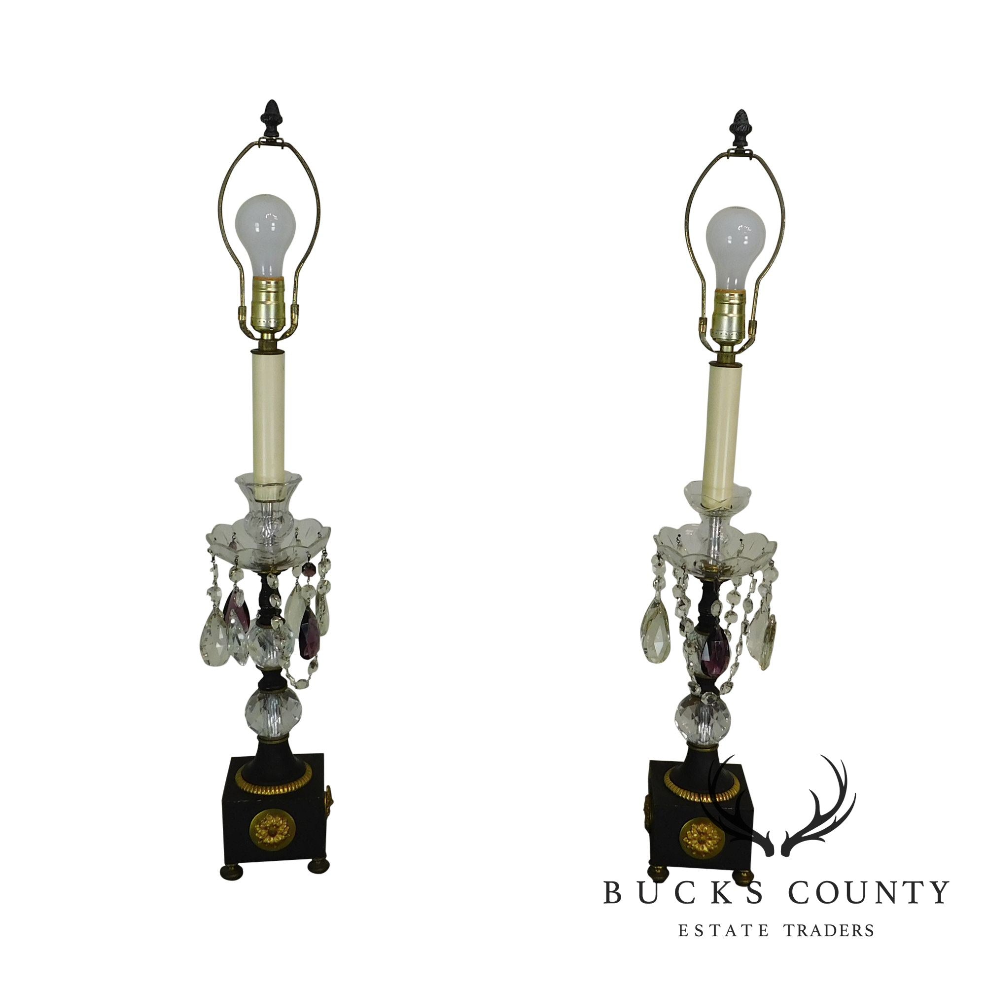 Pair French Empire Table Lamps with Fabric Shades, Turned Stems with Faceted Crystal Balls