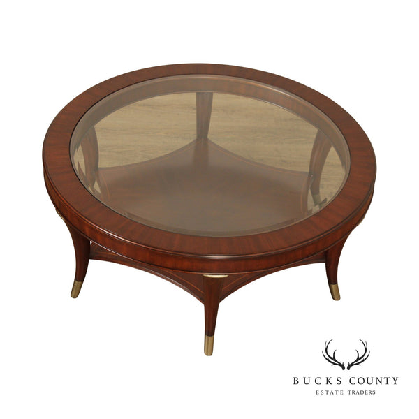 Thomasville 'Bogart" Art Deco Style Mahogany Glass Top Round Coffee Table
