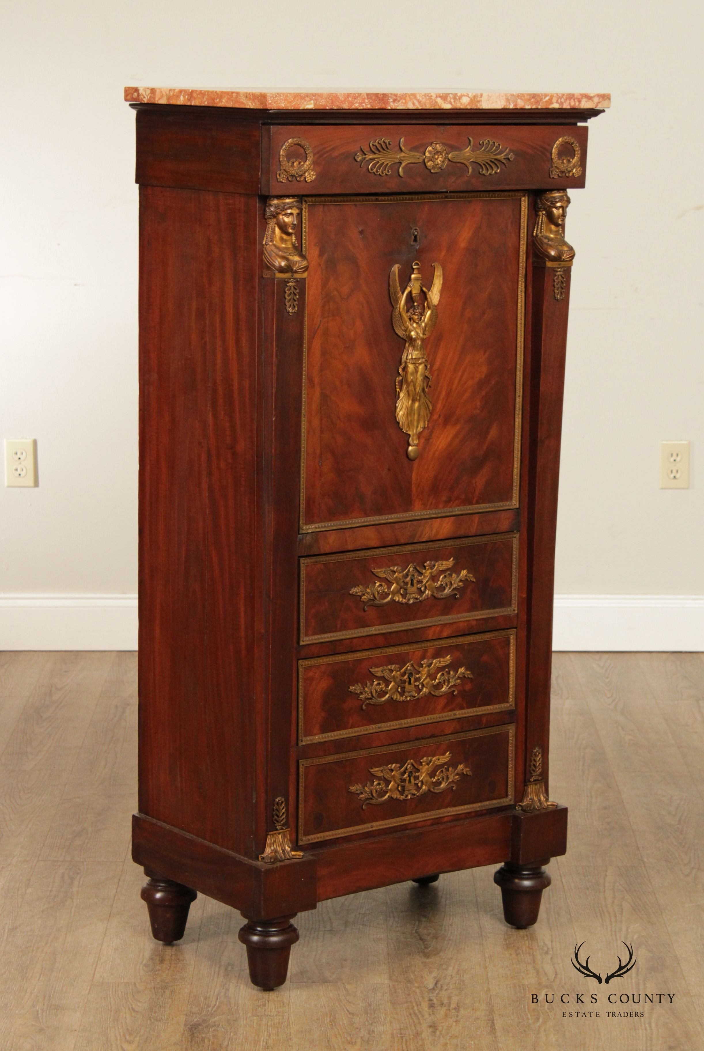 French Empire Style Gilt Bronze Mounted Mahogany Secretaire a Abattant