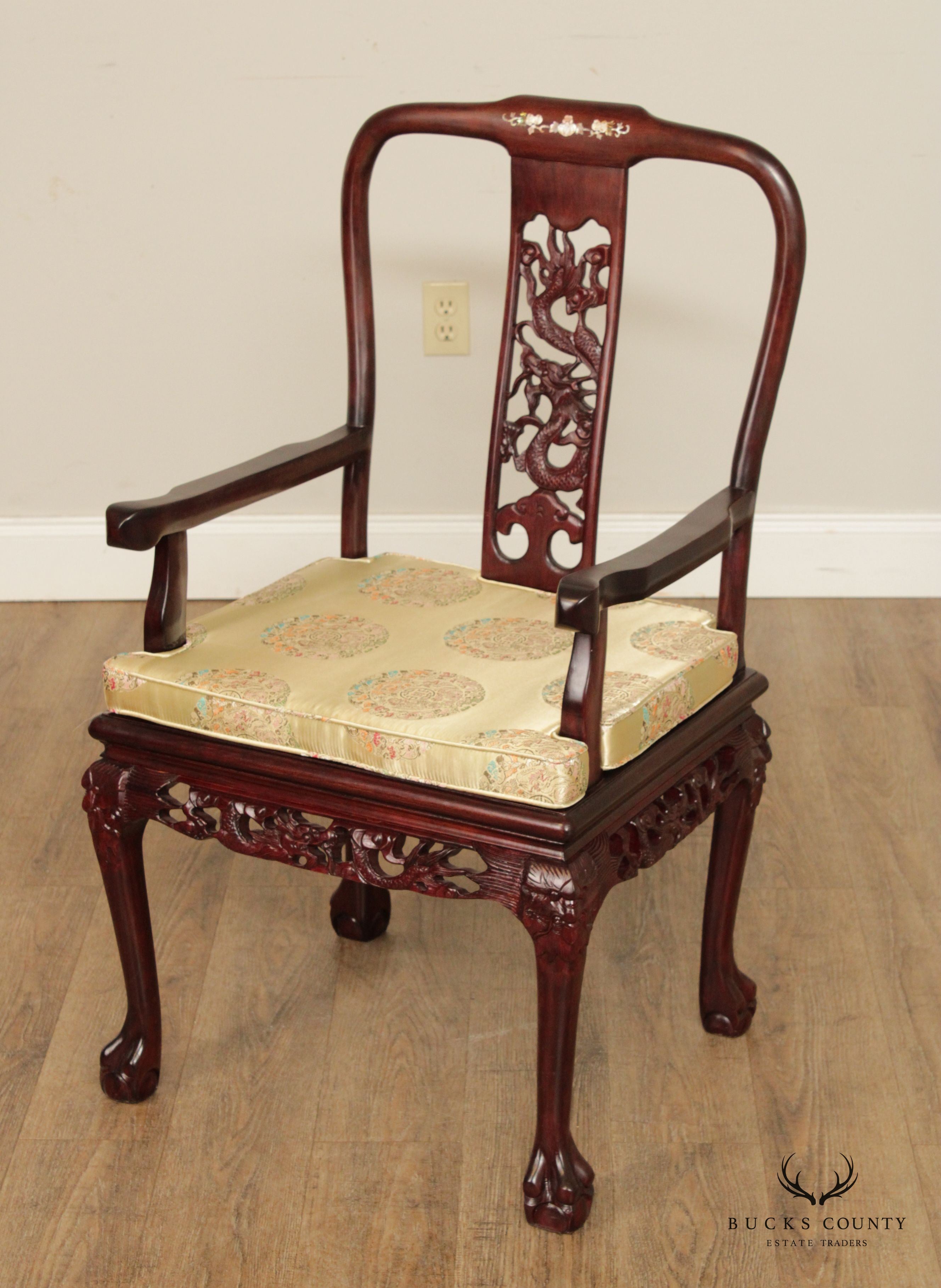 Chinese Rosewood Mother of Pearl Inlaid Dragon Carved Set of 8 Dining Chairs