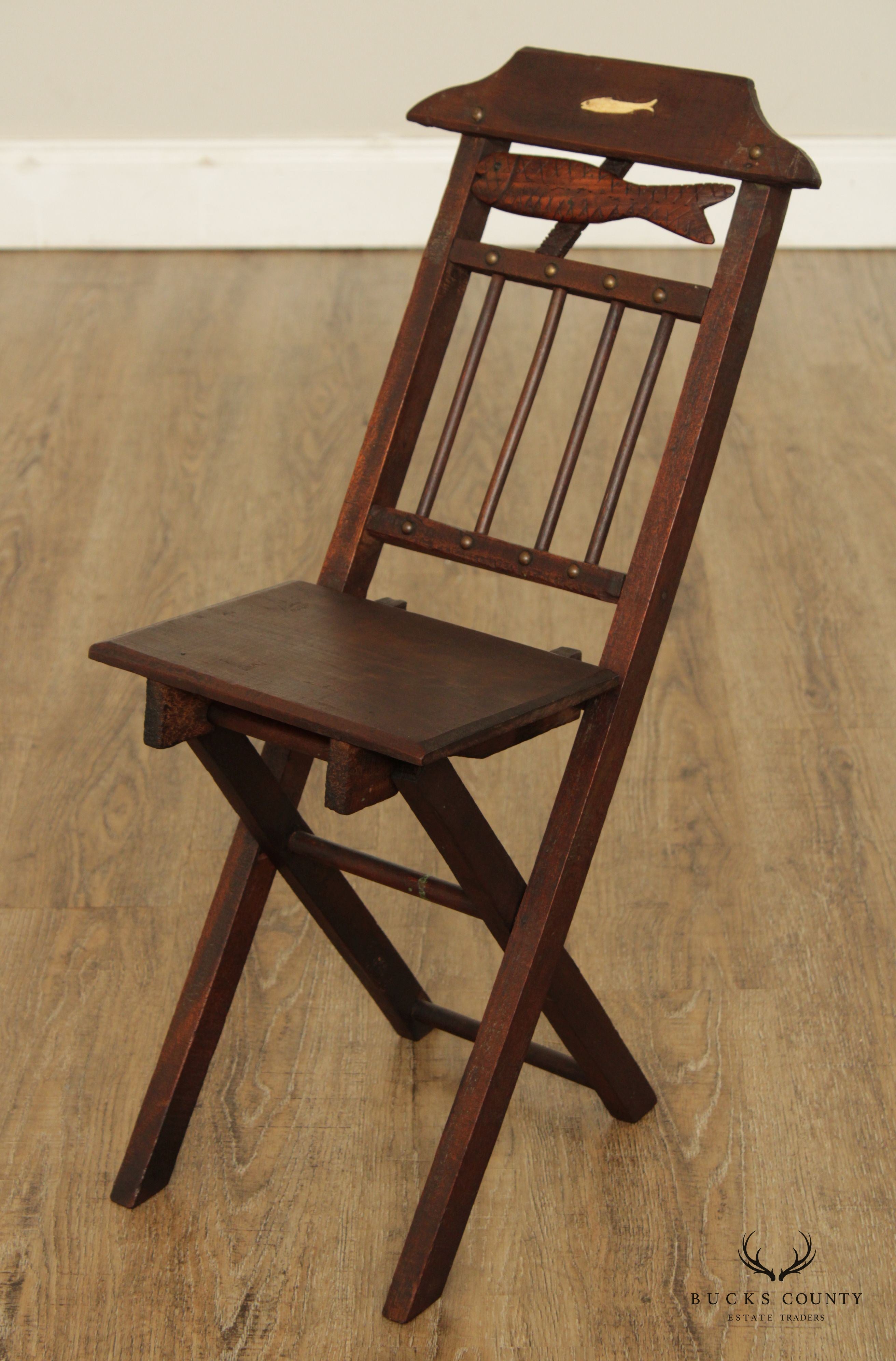 Antique 19th Century Walnut and Bone Child's Folding Fishing Chair