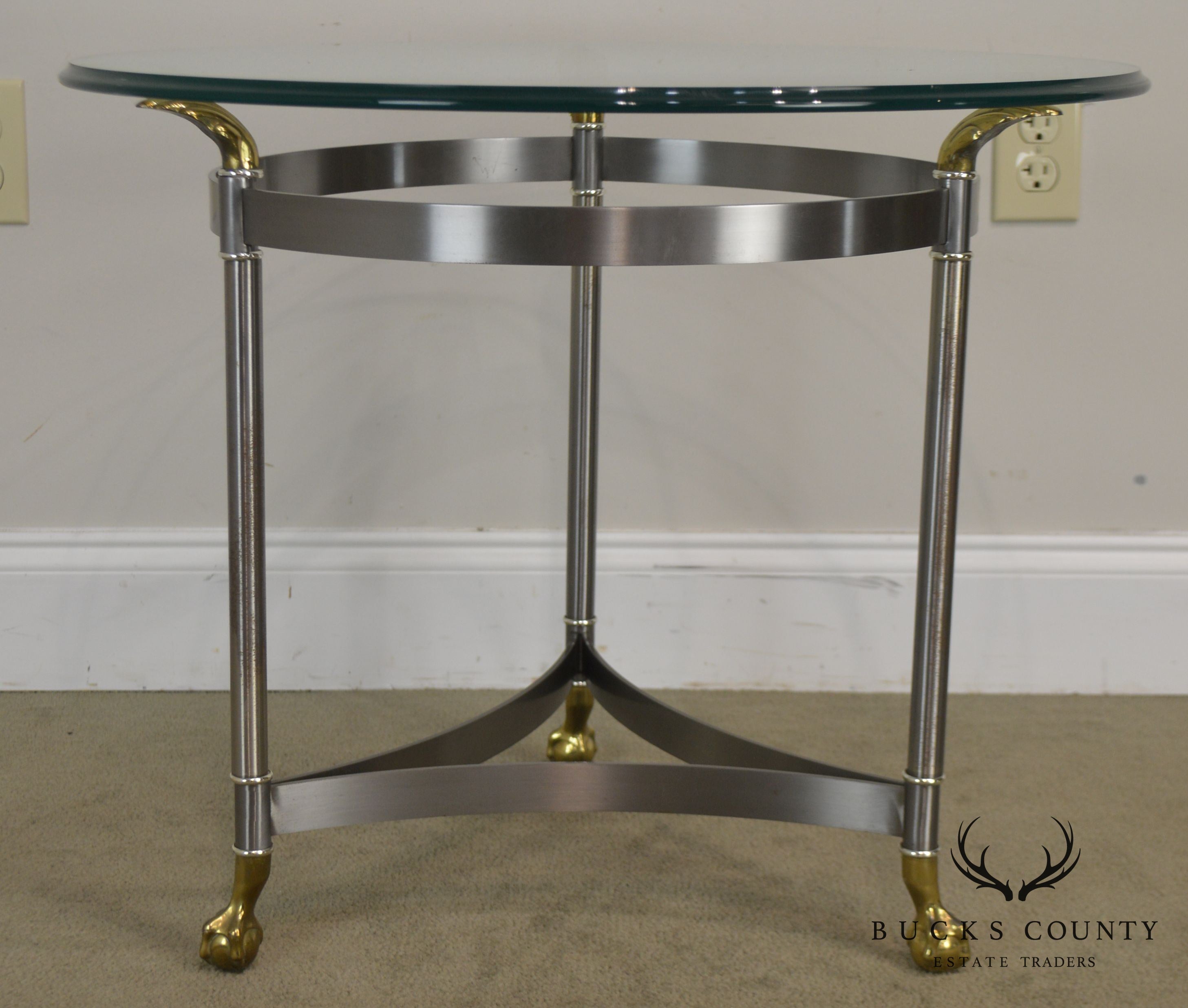 Directoire Style Brushed Steel & Brass Round Glass Top Side Table