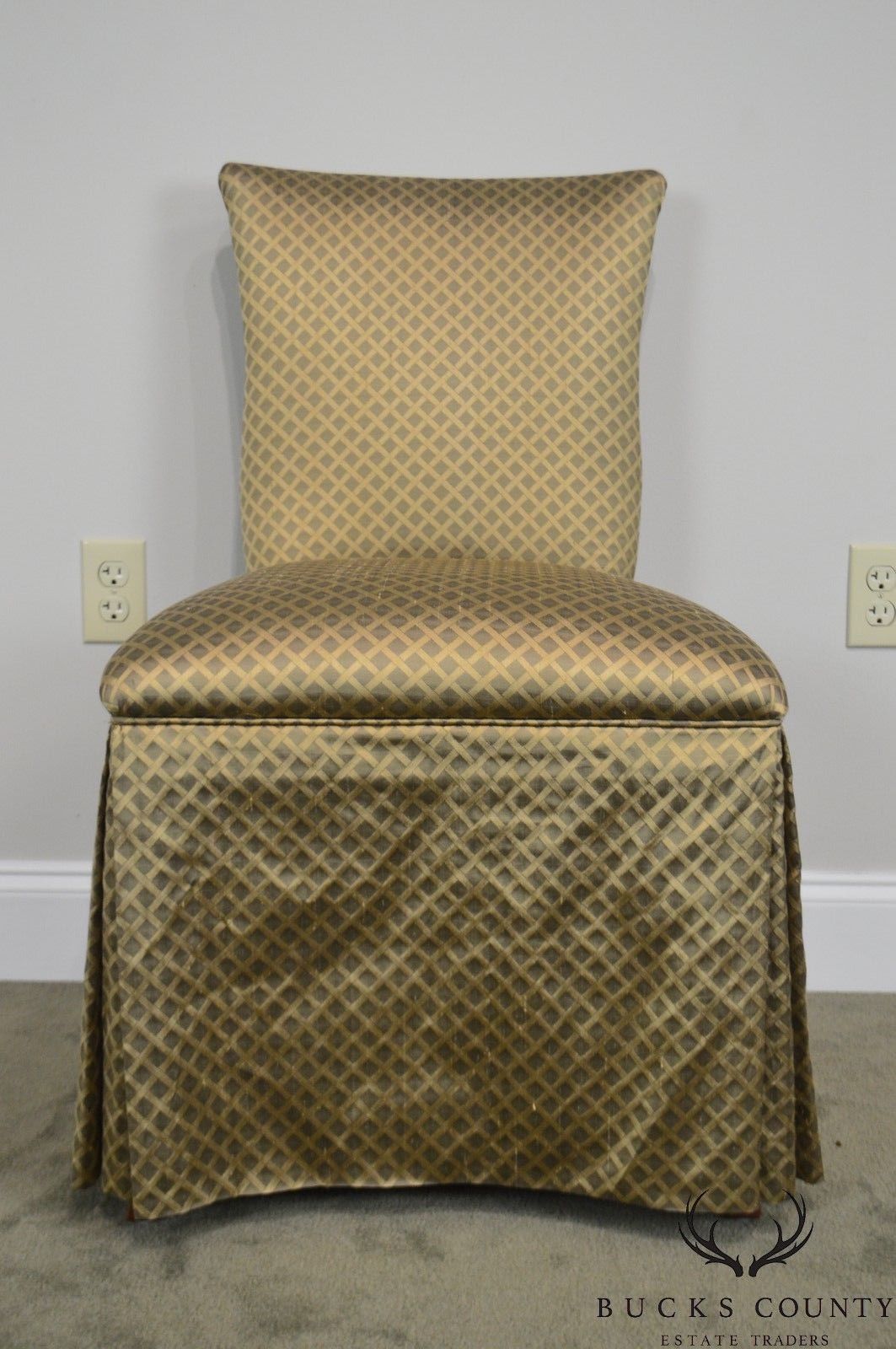 Custom Pair of Catania Dobby Lattice Silk Upholstered Boudoir Slipper Chairs