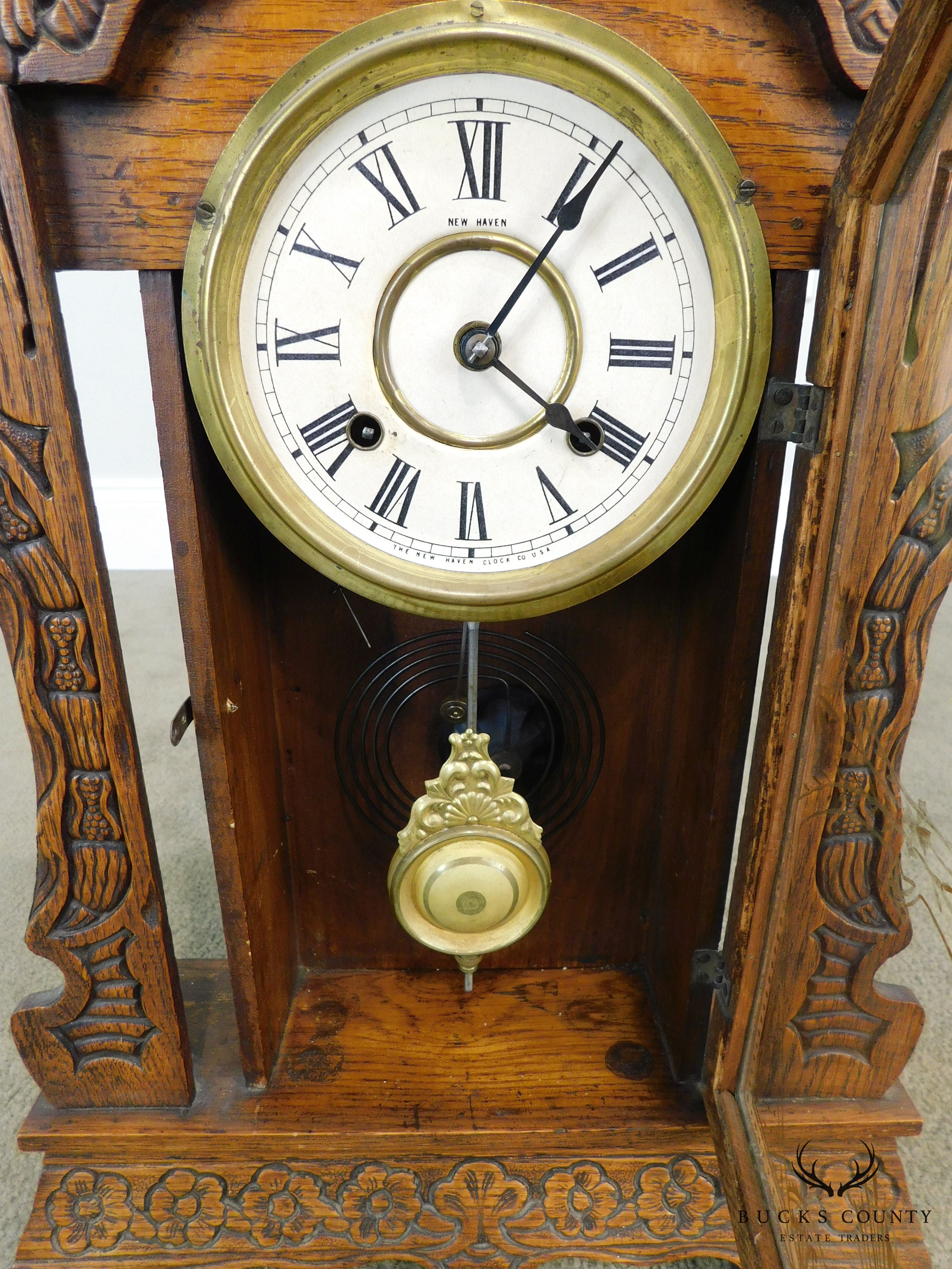 New Haven Antique Lion Carved Oak Gingerbread Kitchen Clock