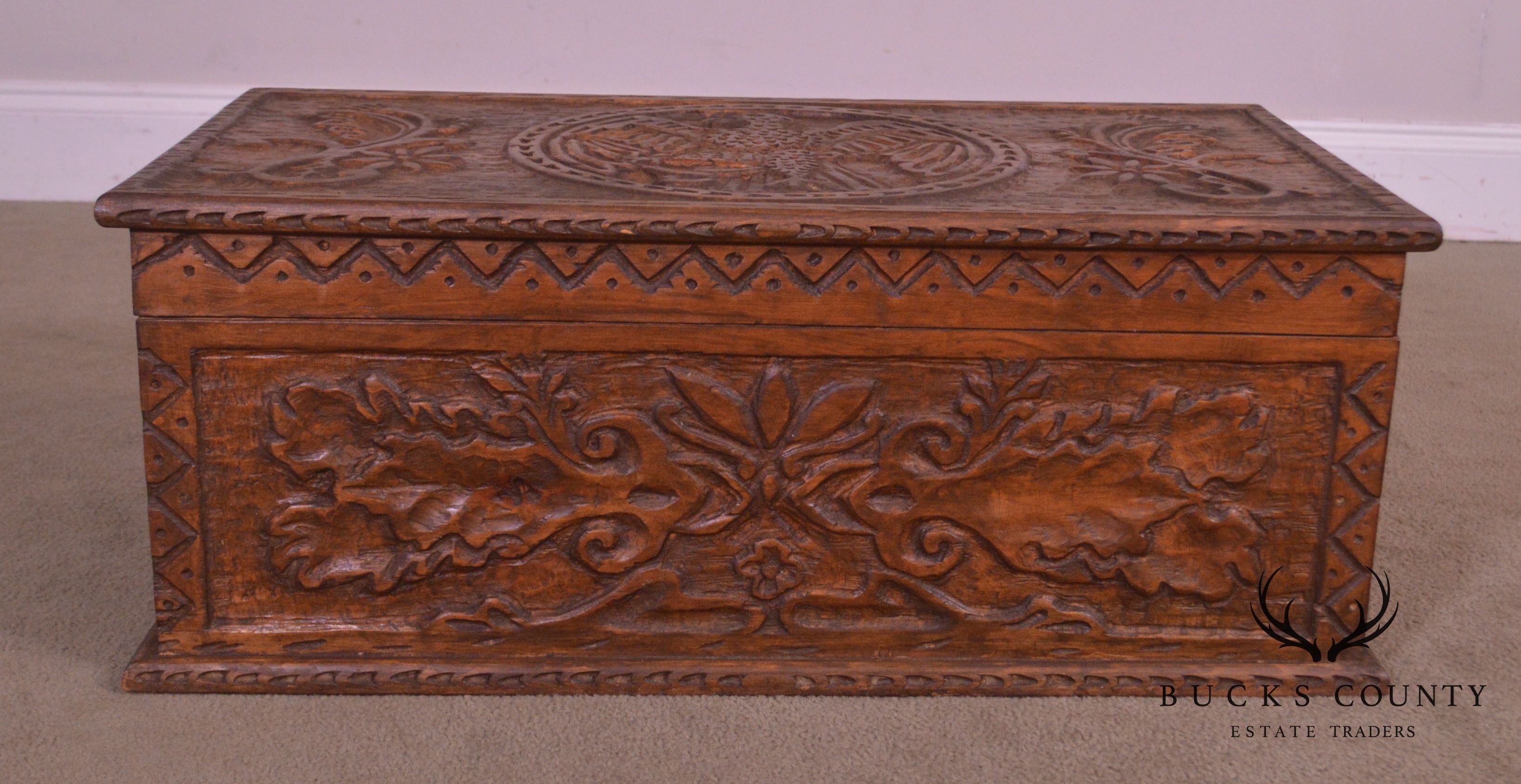 Antique Hand Carved Wood Chest with Eagle