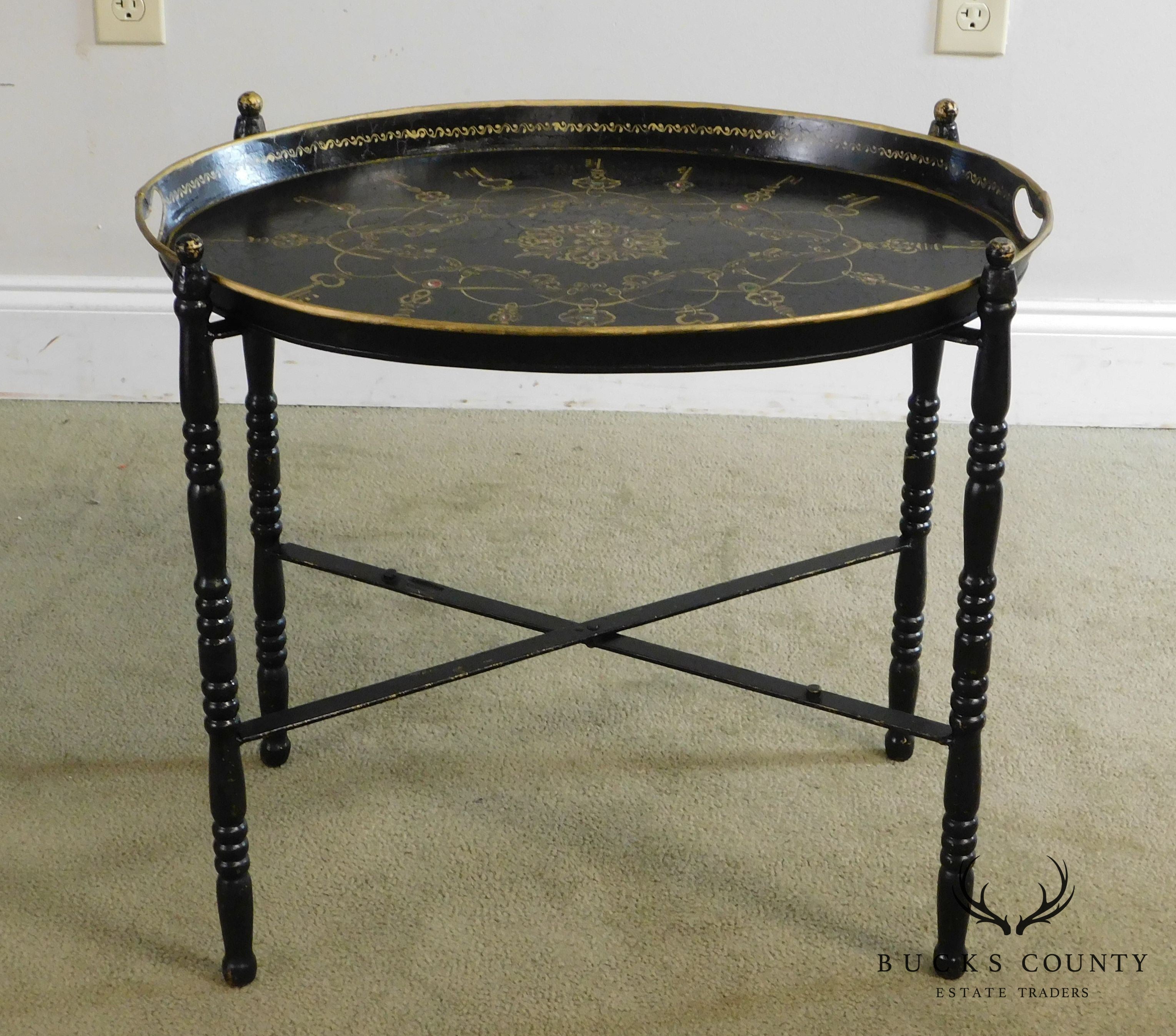 Vintage Hand Painted Tole Tray Table on Folding Metal Base