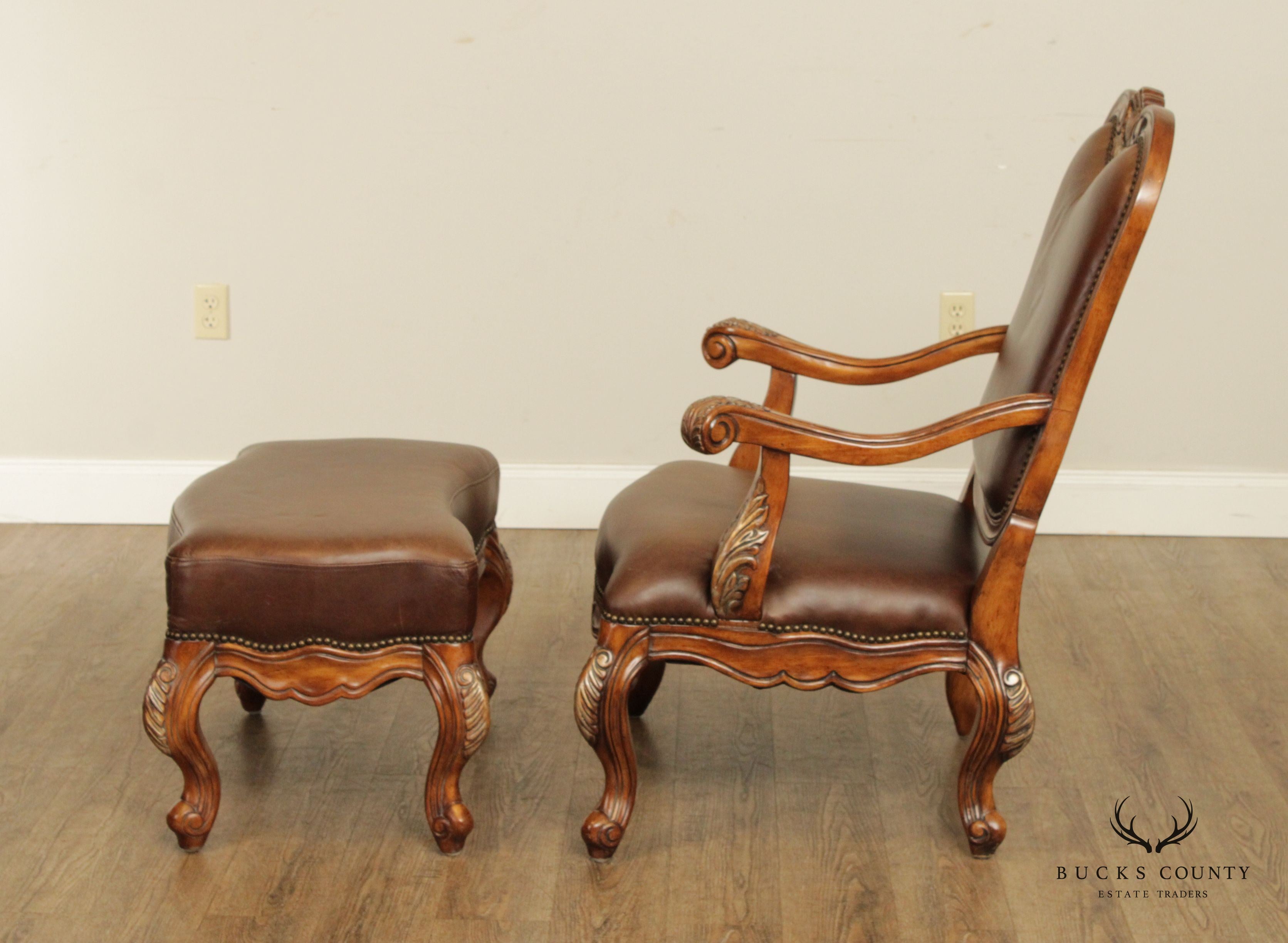 French Provincial Style Pair of Shell-Carved Leather Armchairs and Ottomans