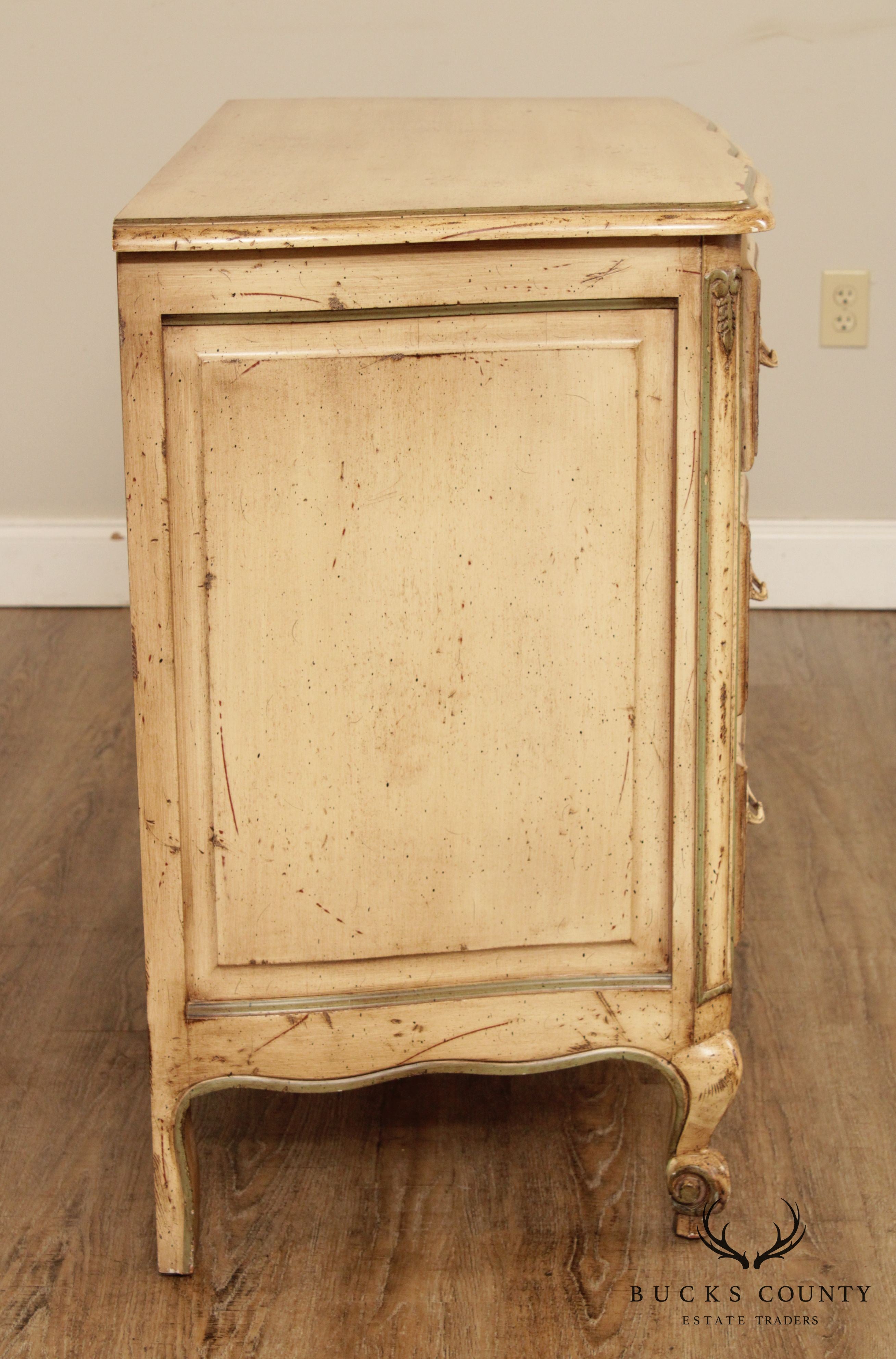 French Louis XV Style Quality Distressed Painted 3 Drawer Chest