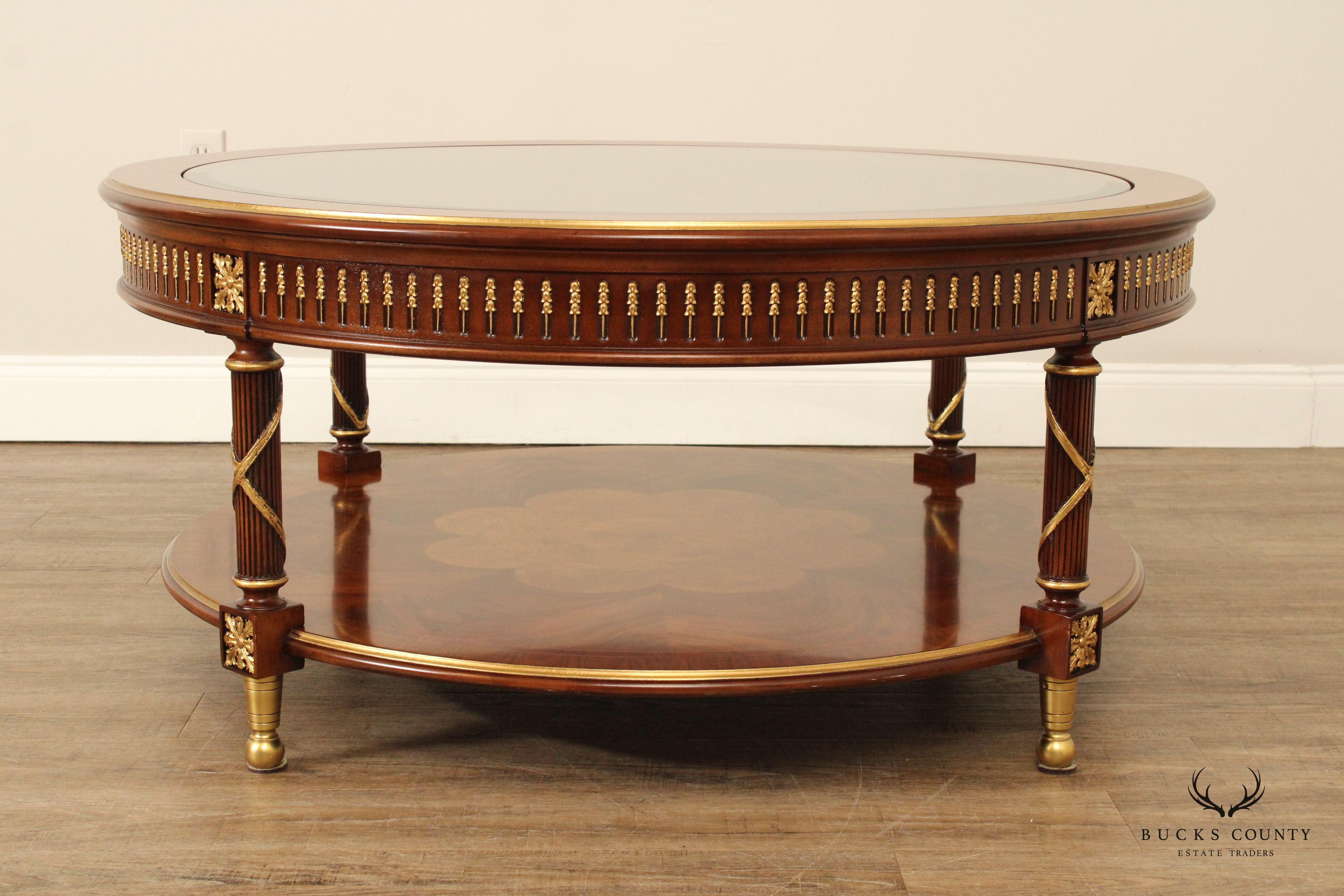 EJ Victor Regency Style Round Glass Top Mahogany Coffee Table