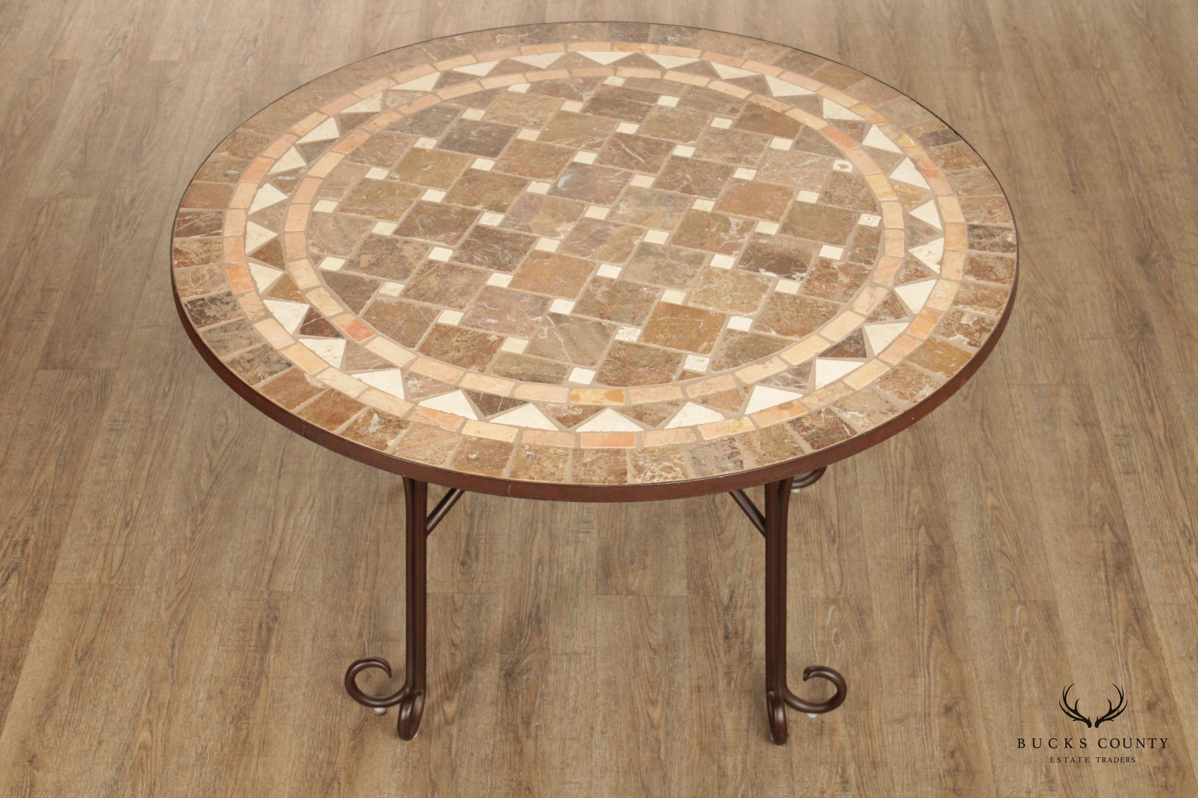 Tuscan Style Mosaic Stone & Wrought Iron Round Dining Table