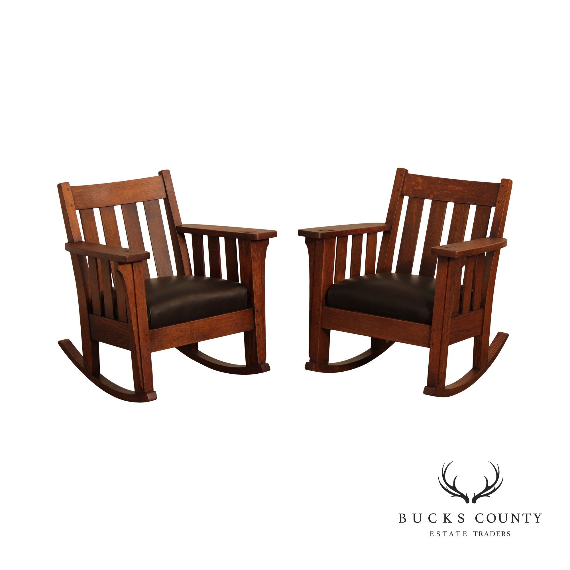 Harden Antique Mission Oak And Leather Pair Of Rockers