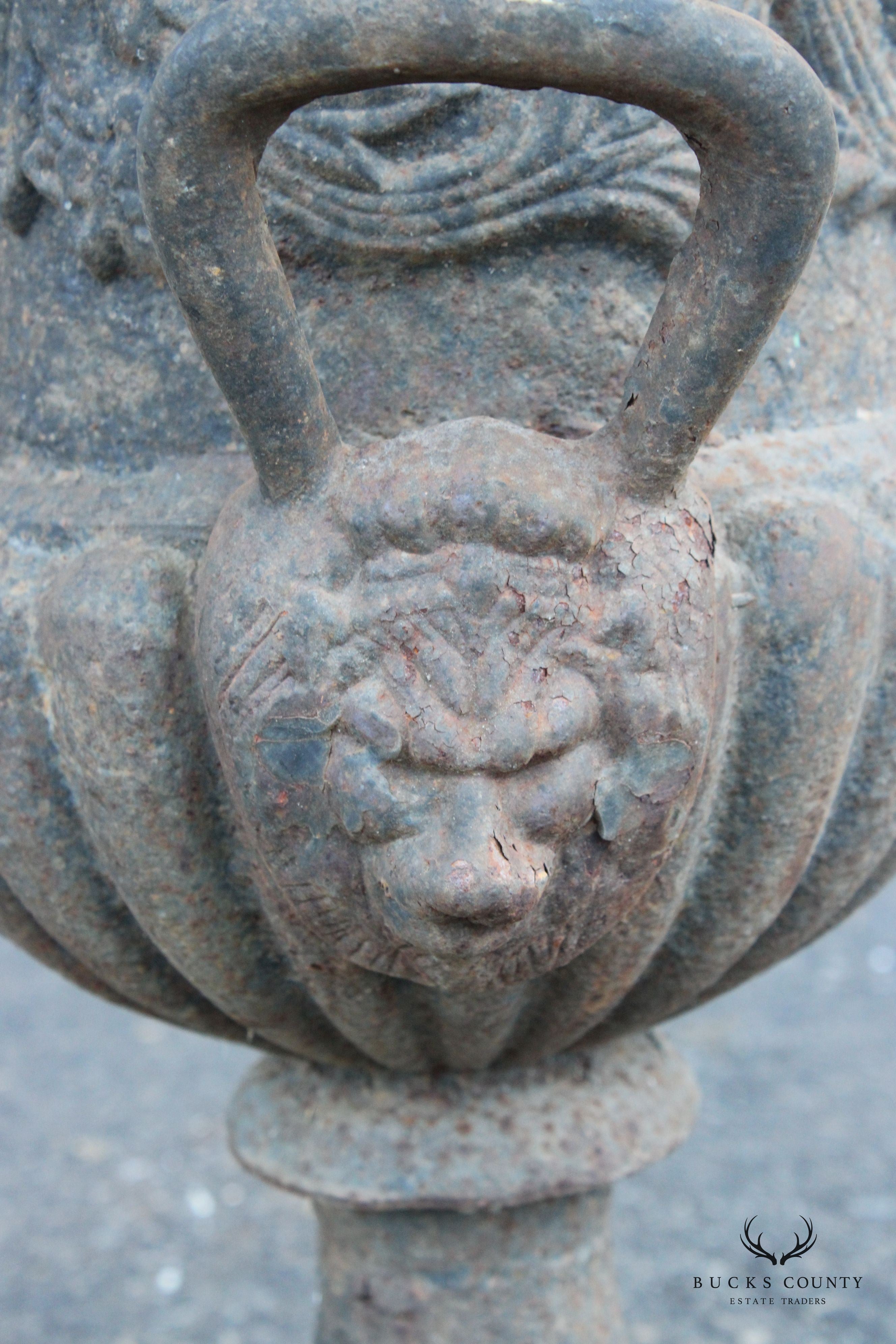 Classical Style Pair Cast Iron Garden Urns with Lion Masks