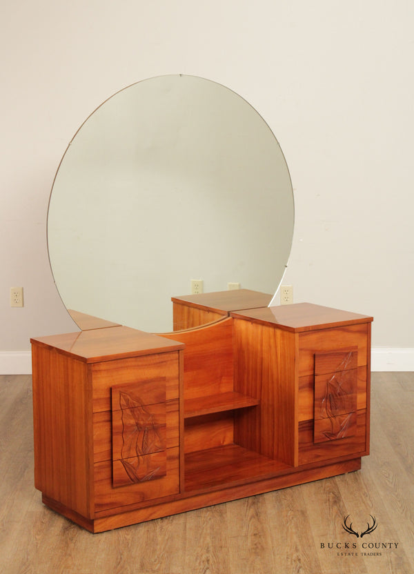 Mid Century Modern Hawaiian Carved Koa Wood Vanity and Mirror