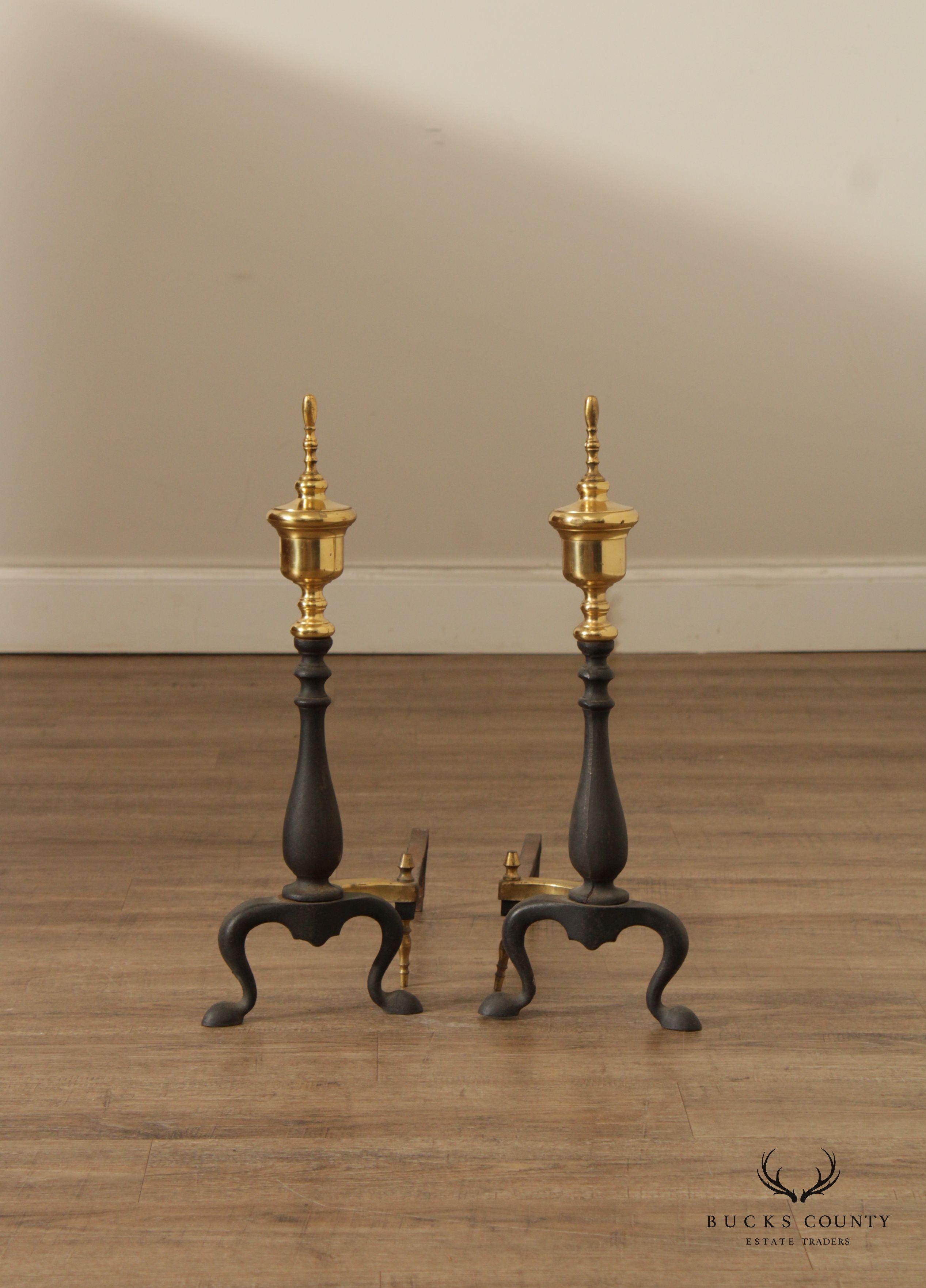 Federal Style Brass and Cast Iron Pair of Andirons