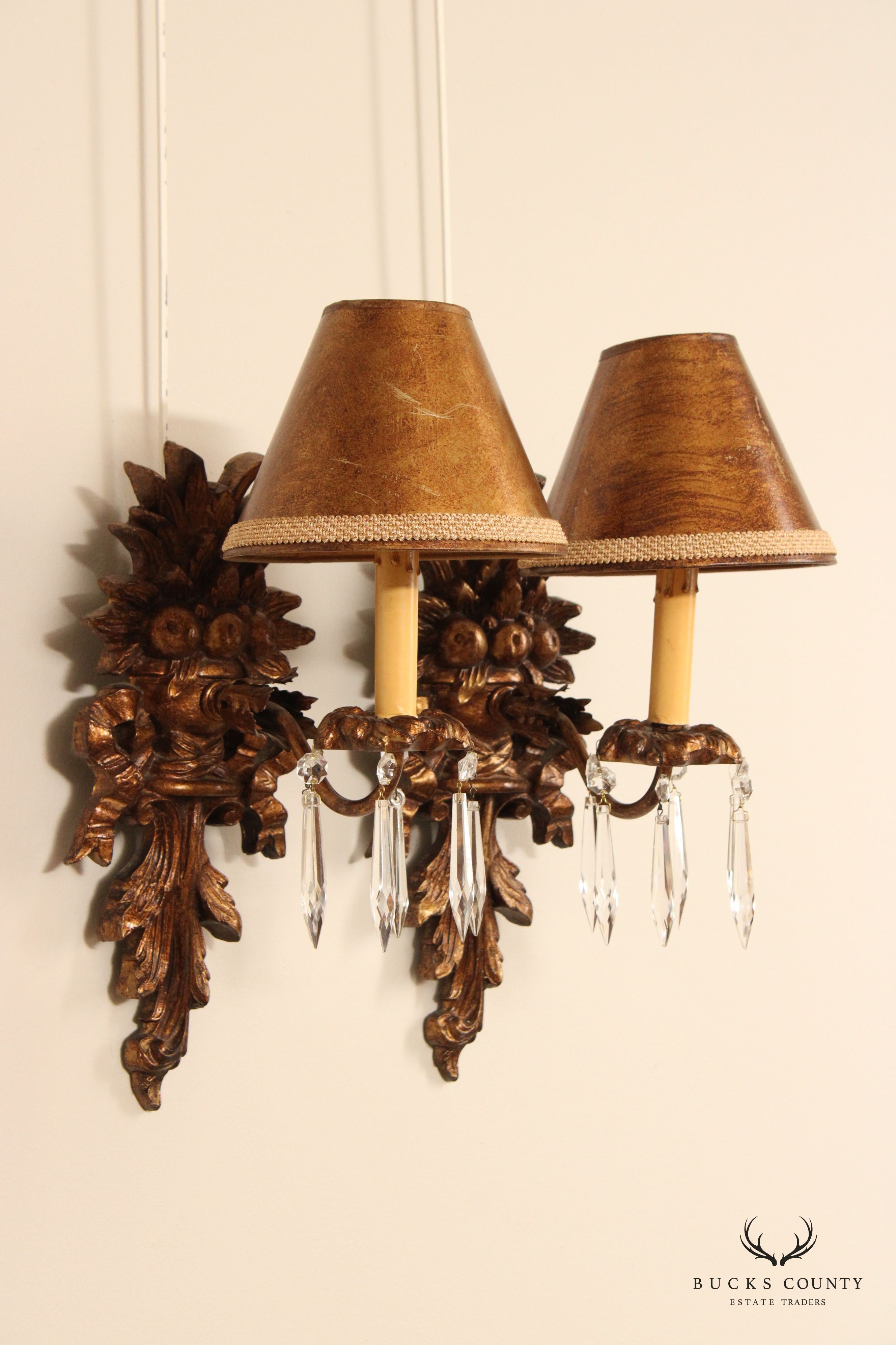 Italian Renaissance Style Pair of Carved Wall Sconces With Prisms