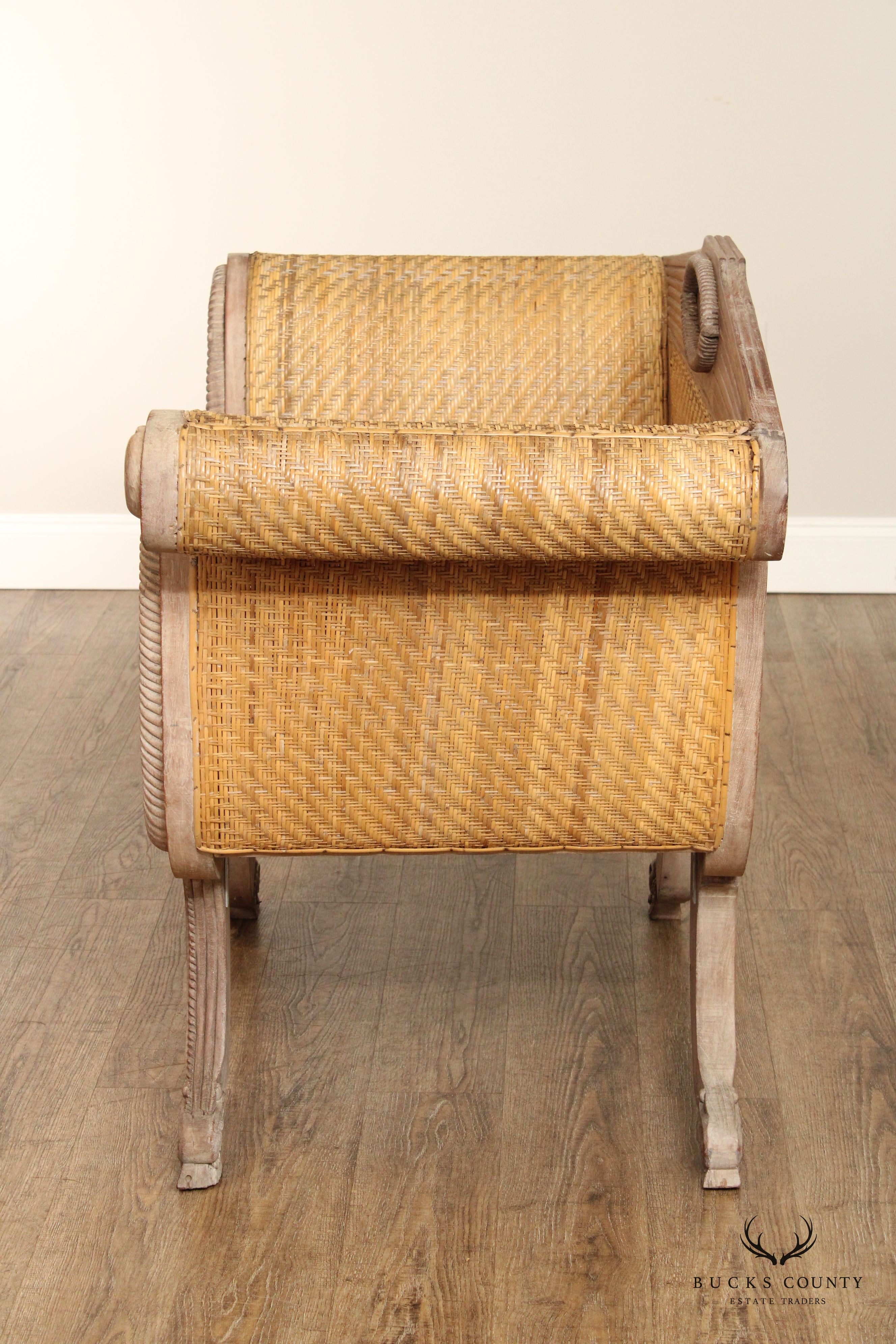 British Colonial Style Teak and Wicker Settee