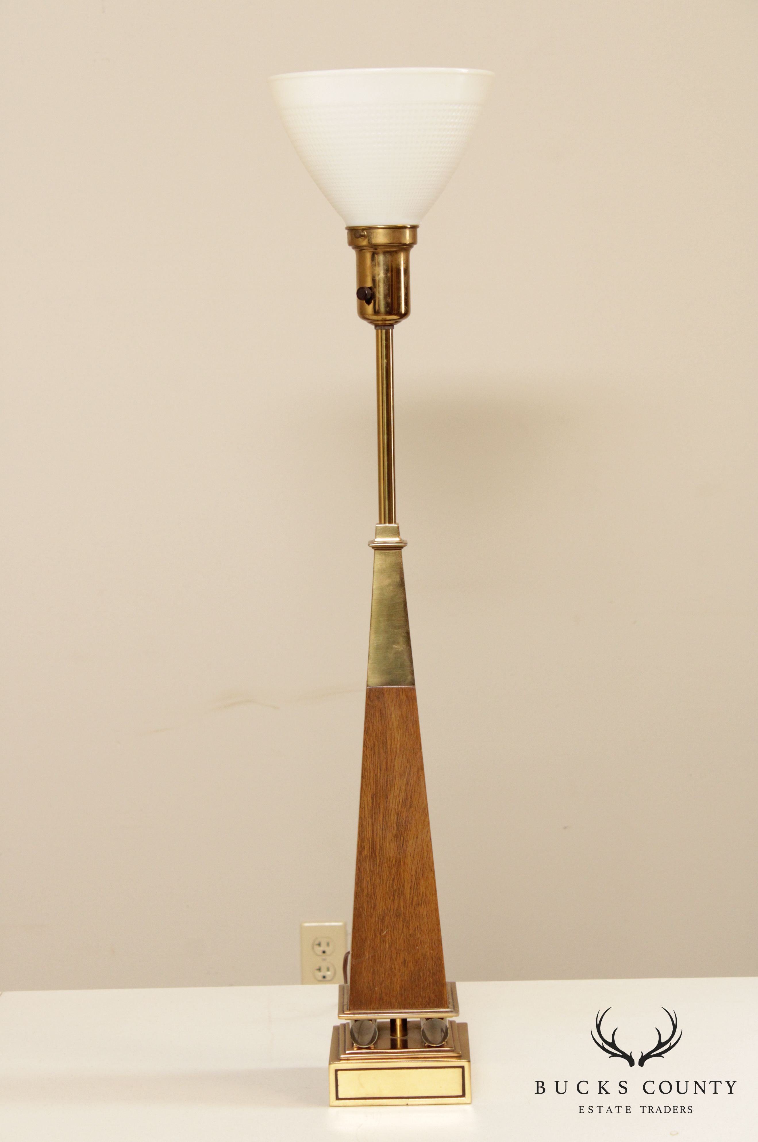 Stiffel Mid Century Brass & Walnut Obelisk Table Lamp