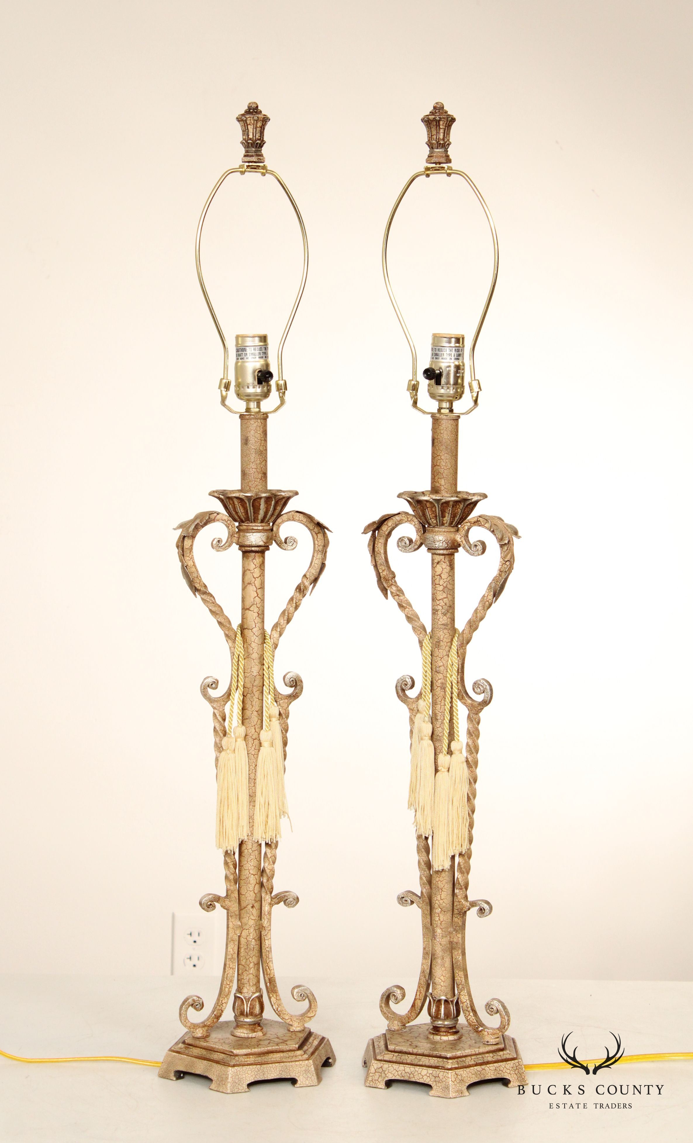 Distressed Painted Finish Pair Wrought Iron Table Lamps