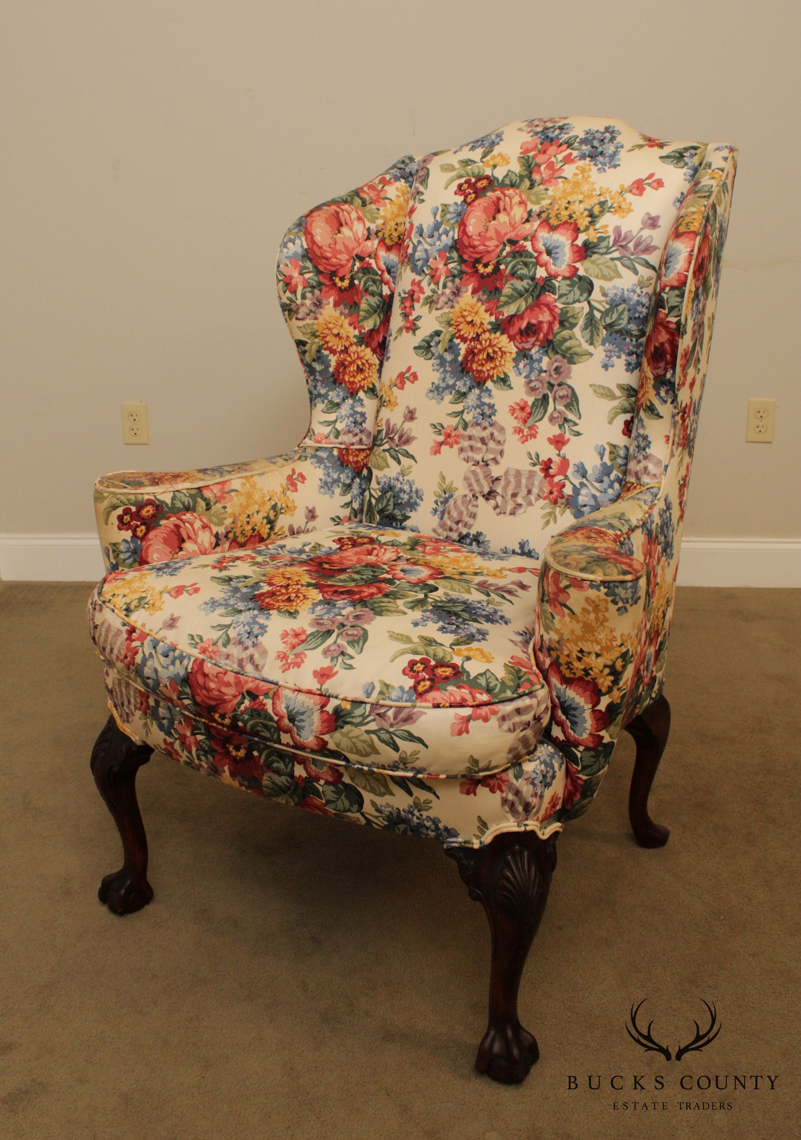 Chippendale Style Vintage Custom Mahogany Ball & Claw Wing Chair Frame