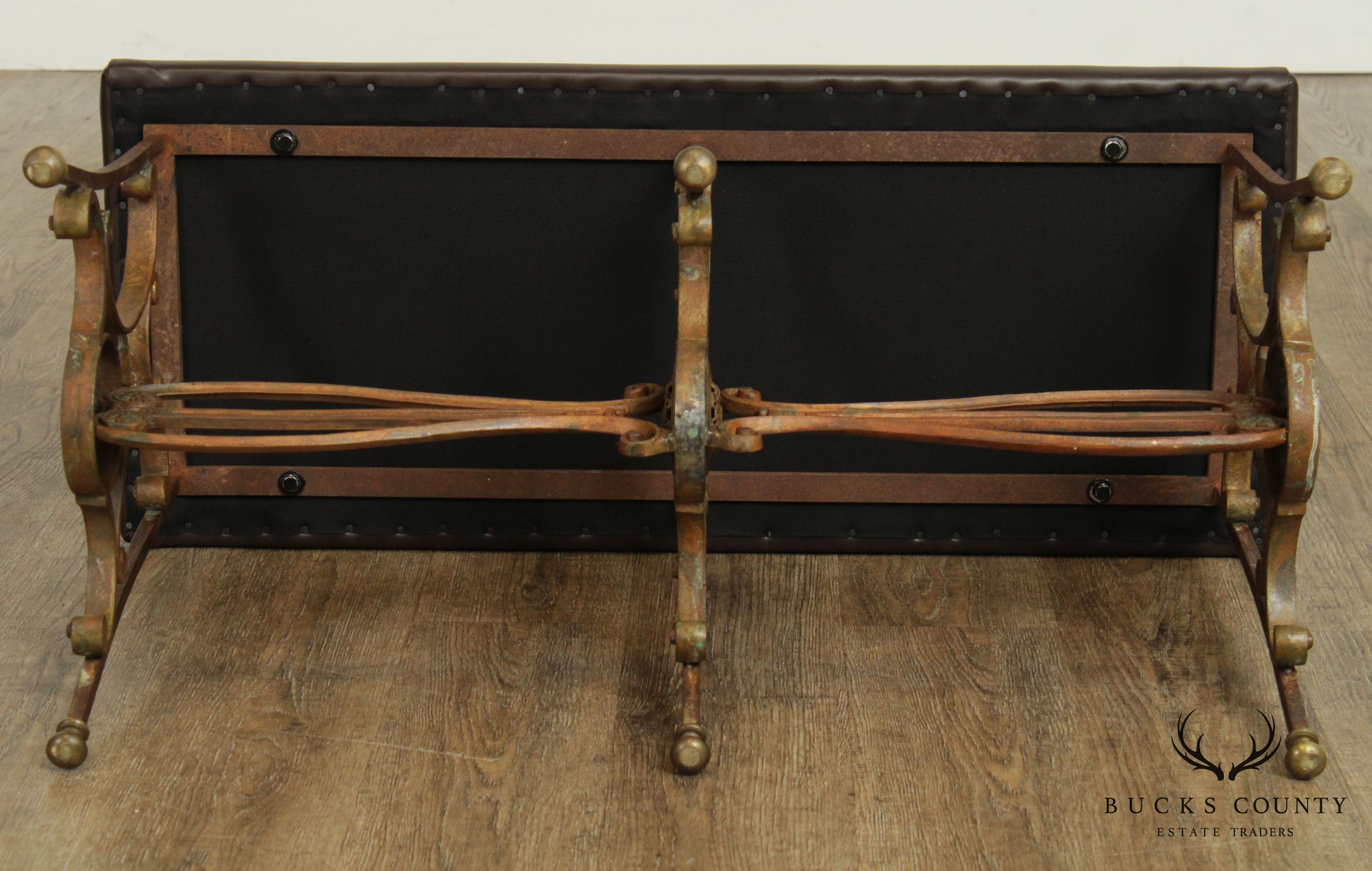 Antique Wrought Iron Leather Seat Bench