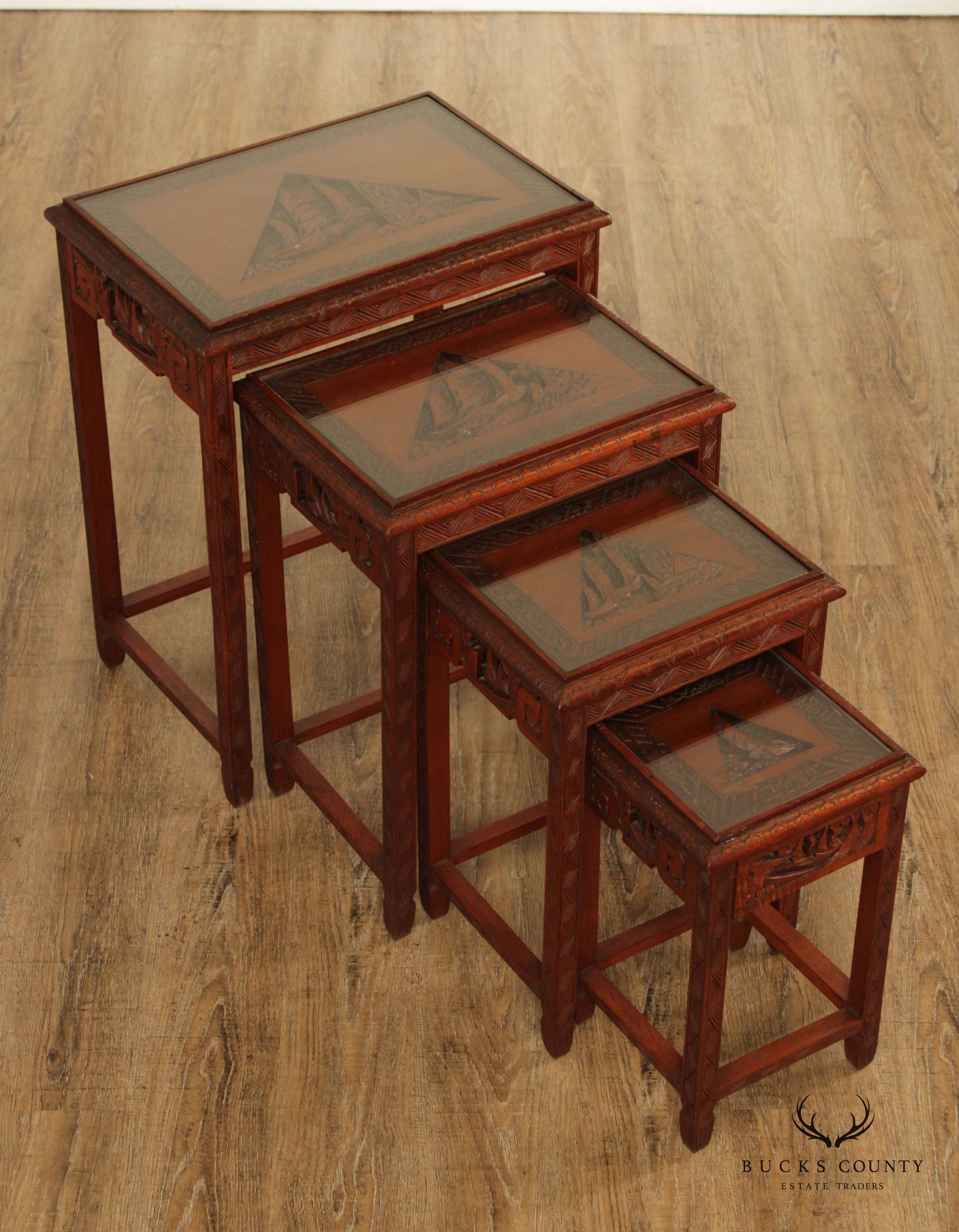 Chinoiserie Carved Set of Four Hardwood Glass Top Nesting Tables