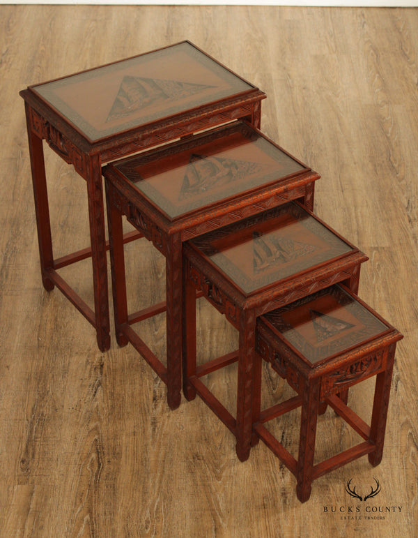 Chinoiserie Carved Set of Four Hardwood Glass Top Nesting Tables