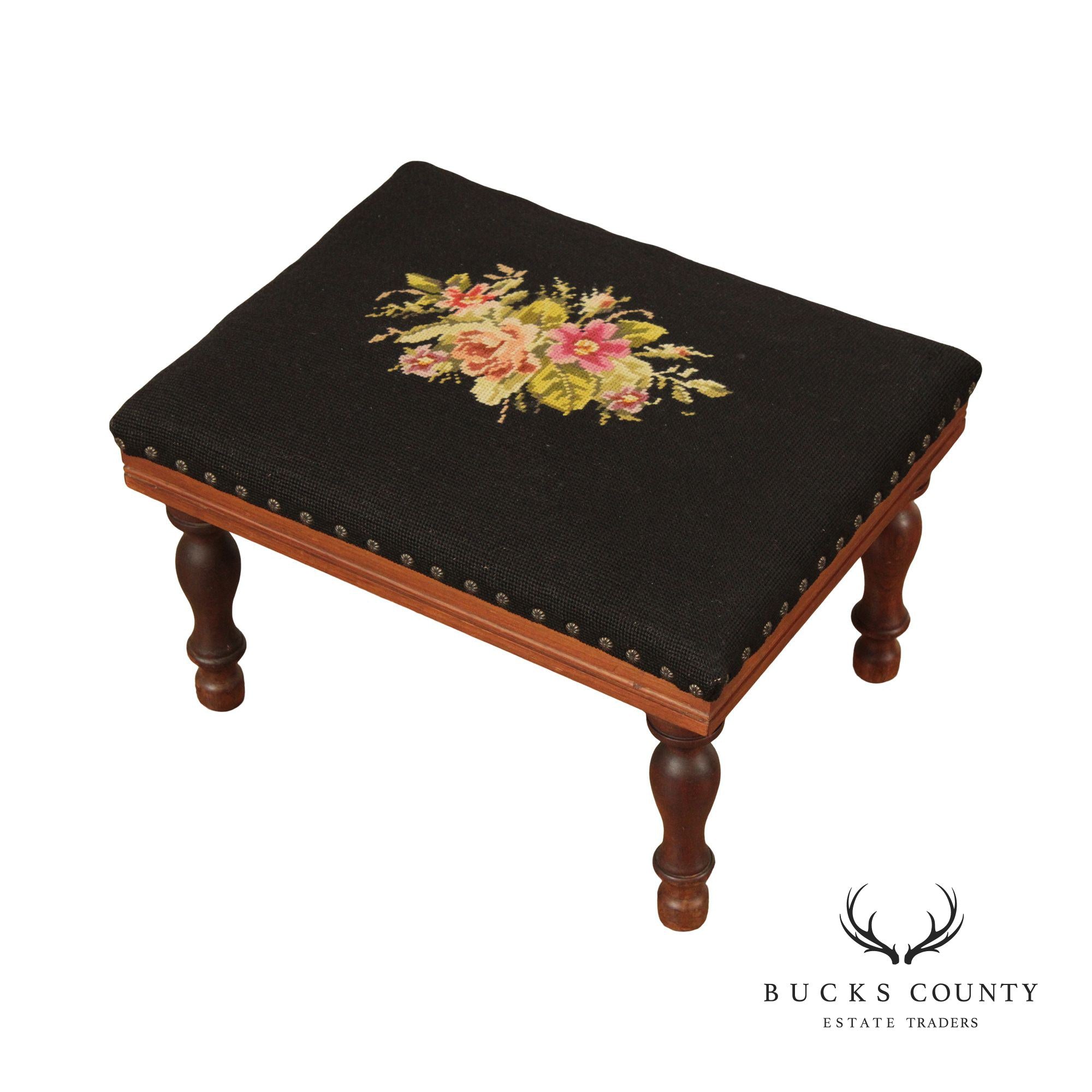 Antique Victorian Floral Needlepoint Foot Stool