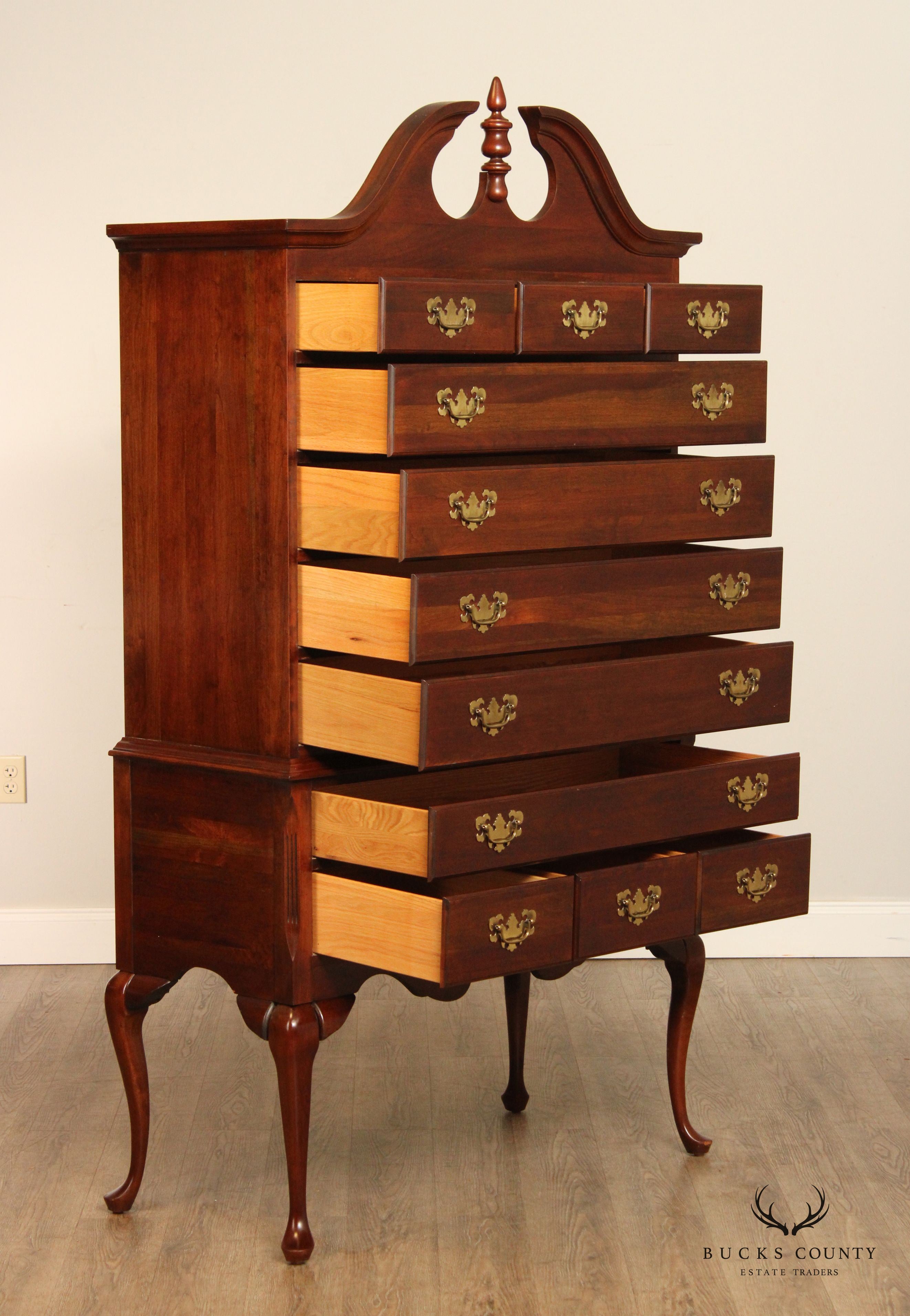 Crescent Queen Anne Style Carved Cherry Highboy Chest