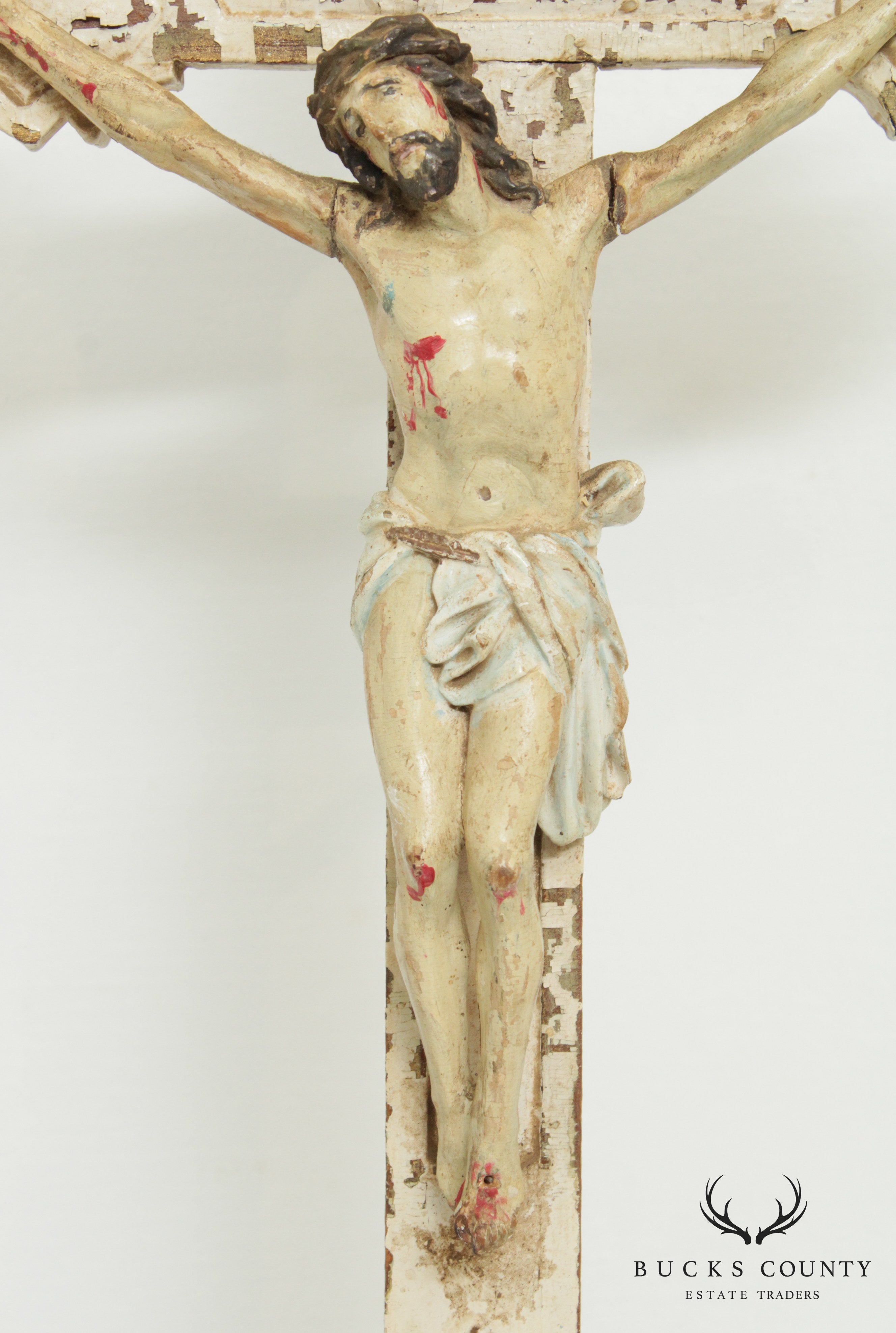 Antique 19th Century Hand Carved Polychrome, Painted Crucifix