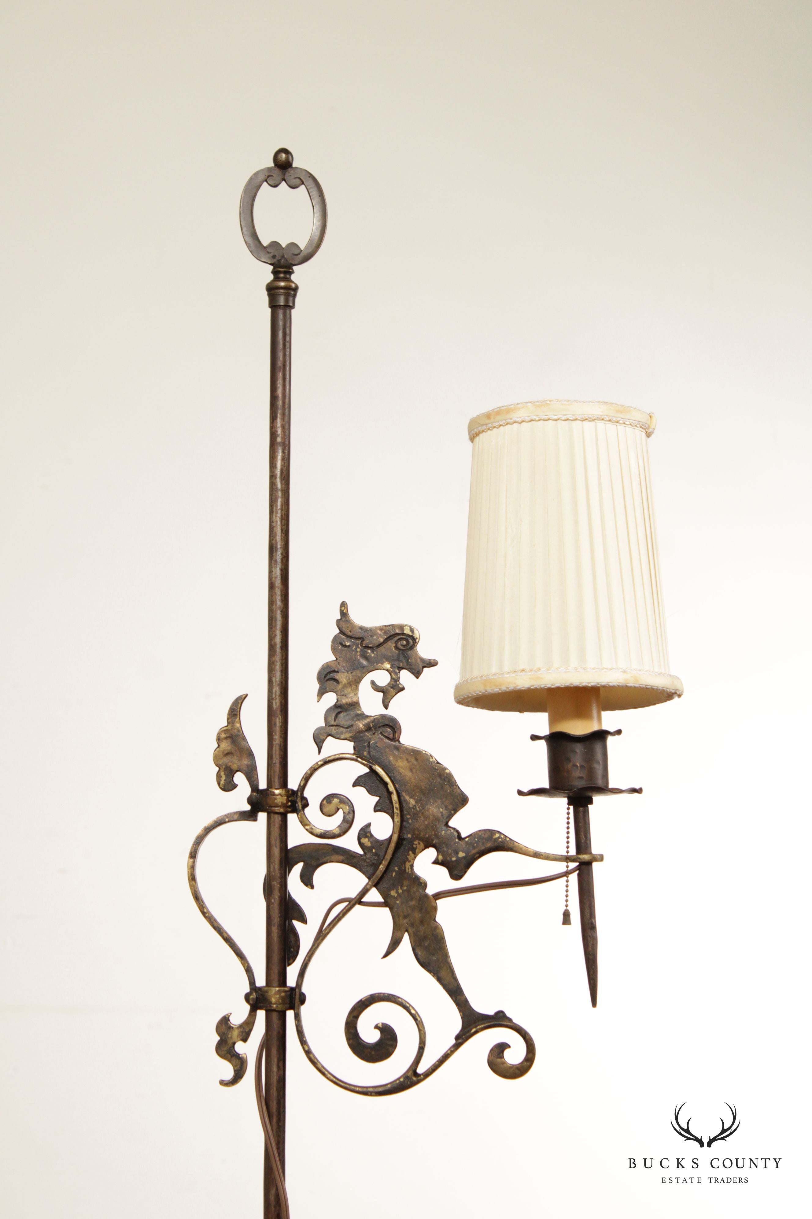 Antique Gothic Forged Iron and Gilt Floor Lamp