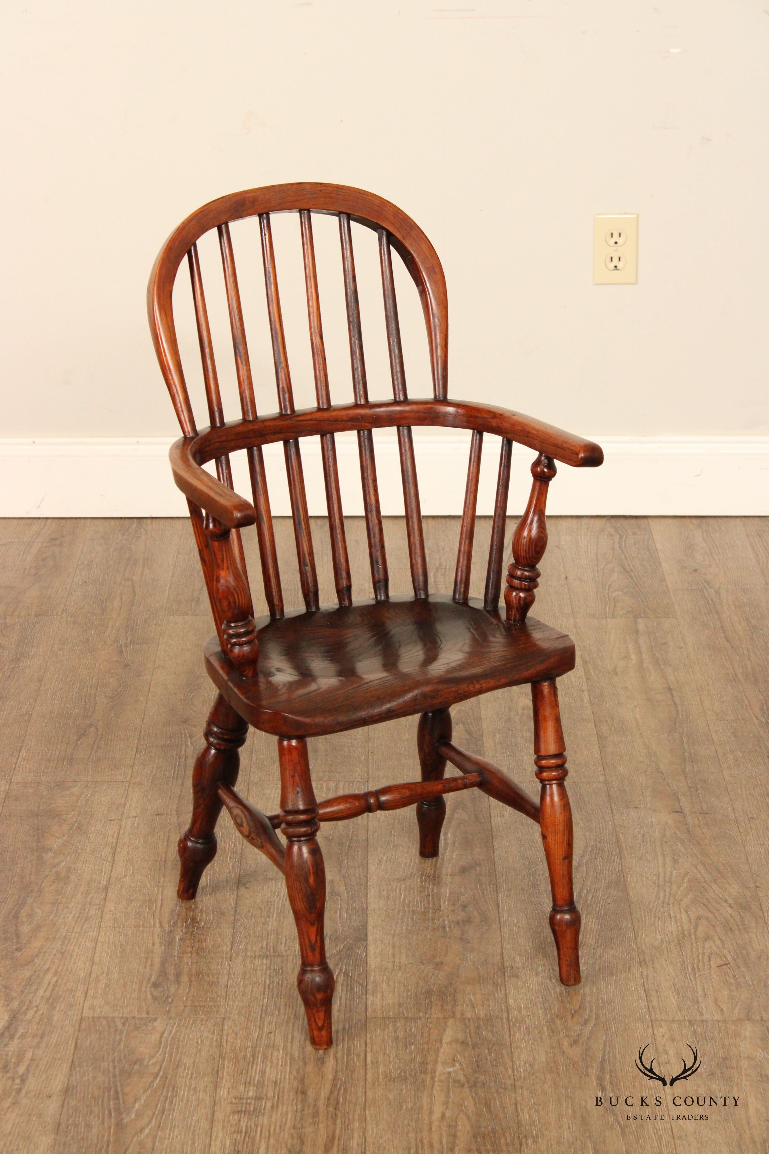 Antique English Elm Windsor Style Children's Armchair