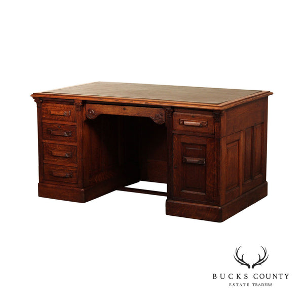 Antique Victorian Oak Wooten Style Executive Pedestal Desk