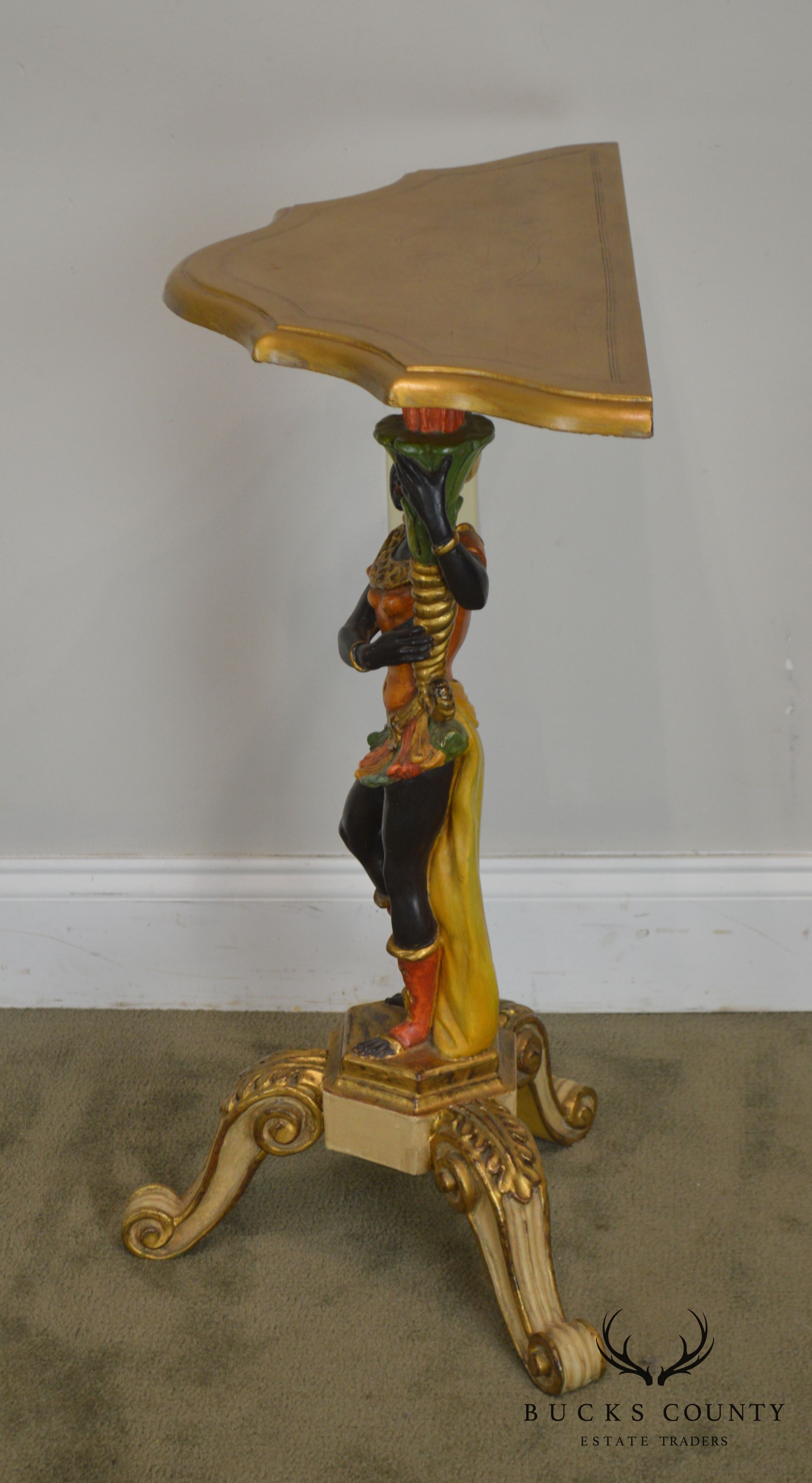 Italian Vintage Gilt Polychrome Carved Blackamoor Pedestal Console Table