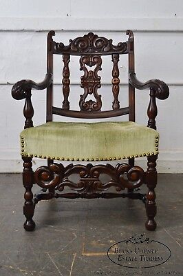 1920s Jacobean Style Solid Mahogany Carved Arm Chair (possibly Kittinger)