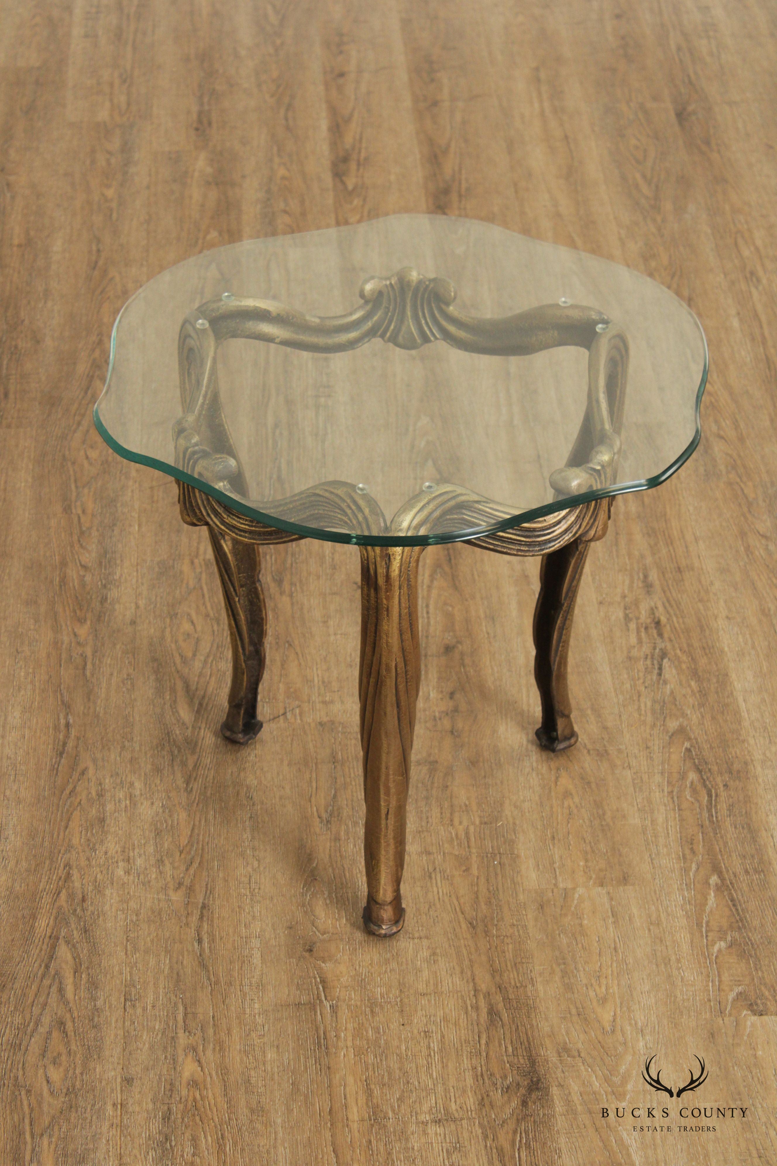 Hollywood Regency Pair of Gilt Metal and Glass Side Tables