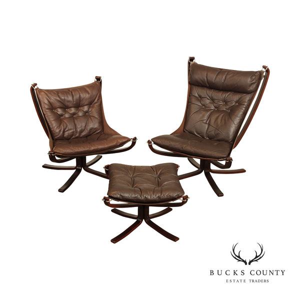 Sigurd Ressell for Vatne Mobler Danish Modern Leather 'Falcon' Lounge Chairs and Ottoman