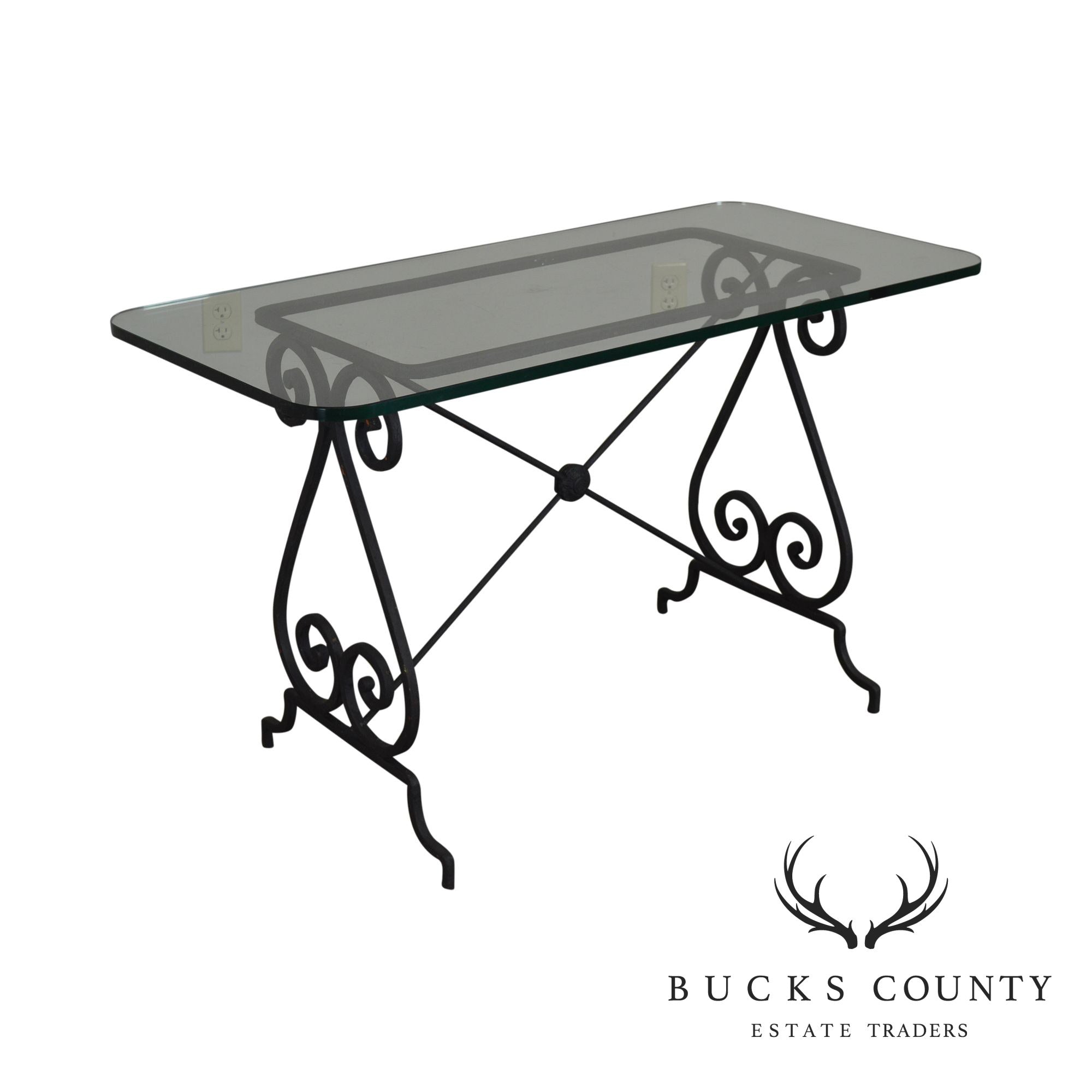 Antique Forged Iron Bistro Table With Glass Top