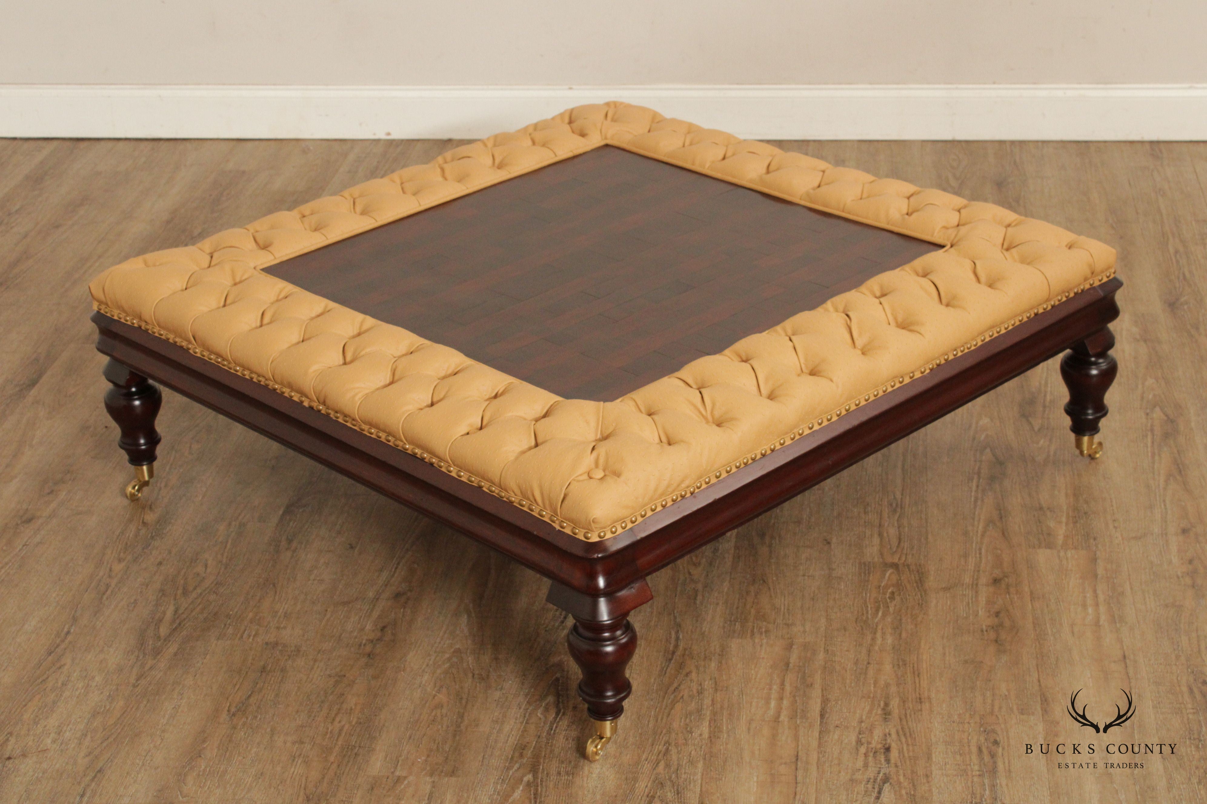 English Regency Style Large Tufted Leather Ottoman Coffee Table