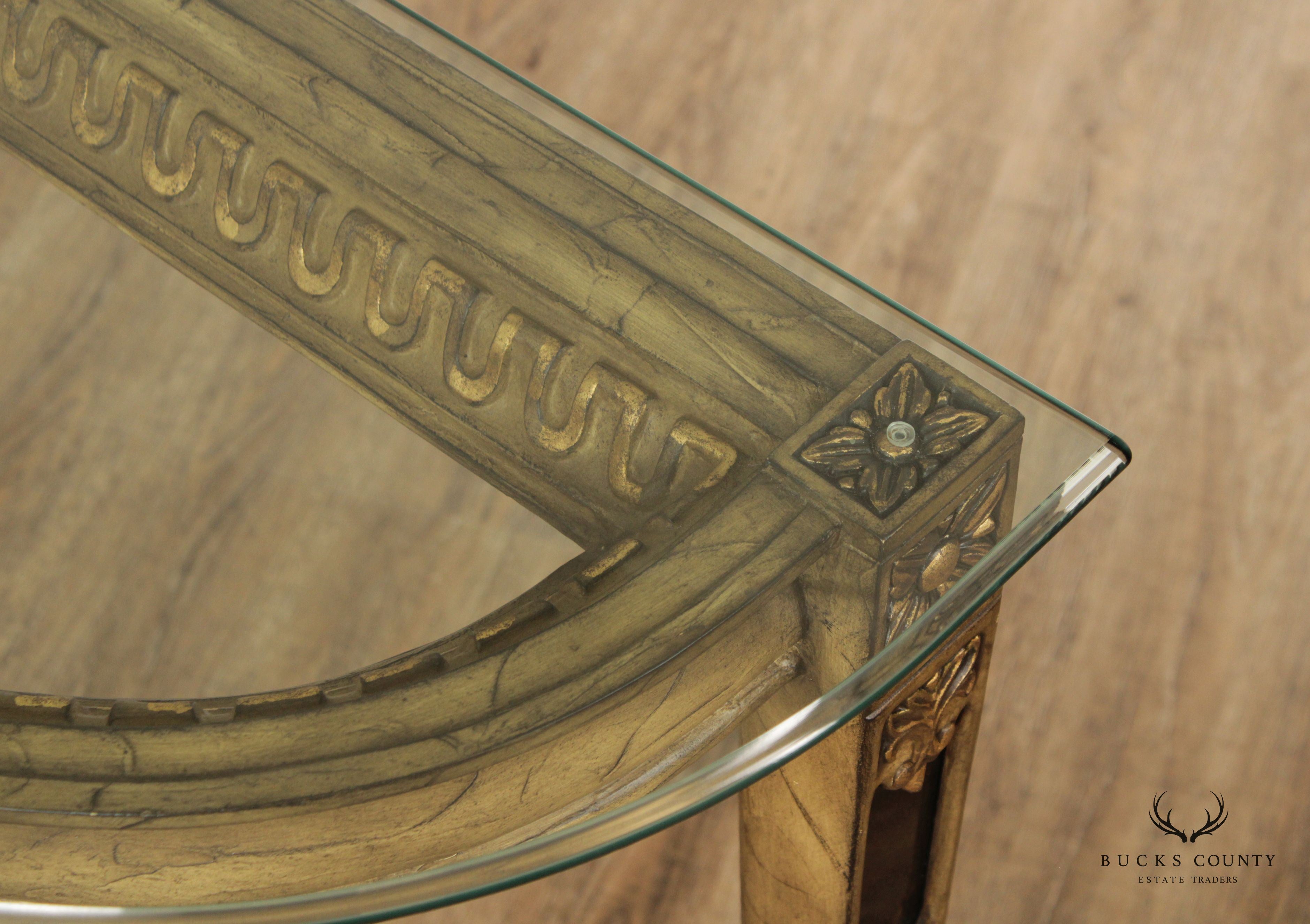 French Louis XVI Style Glass Top Demilune Console Table