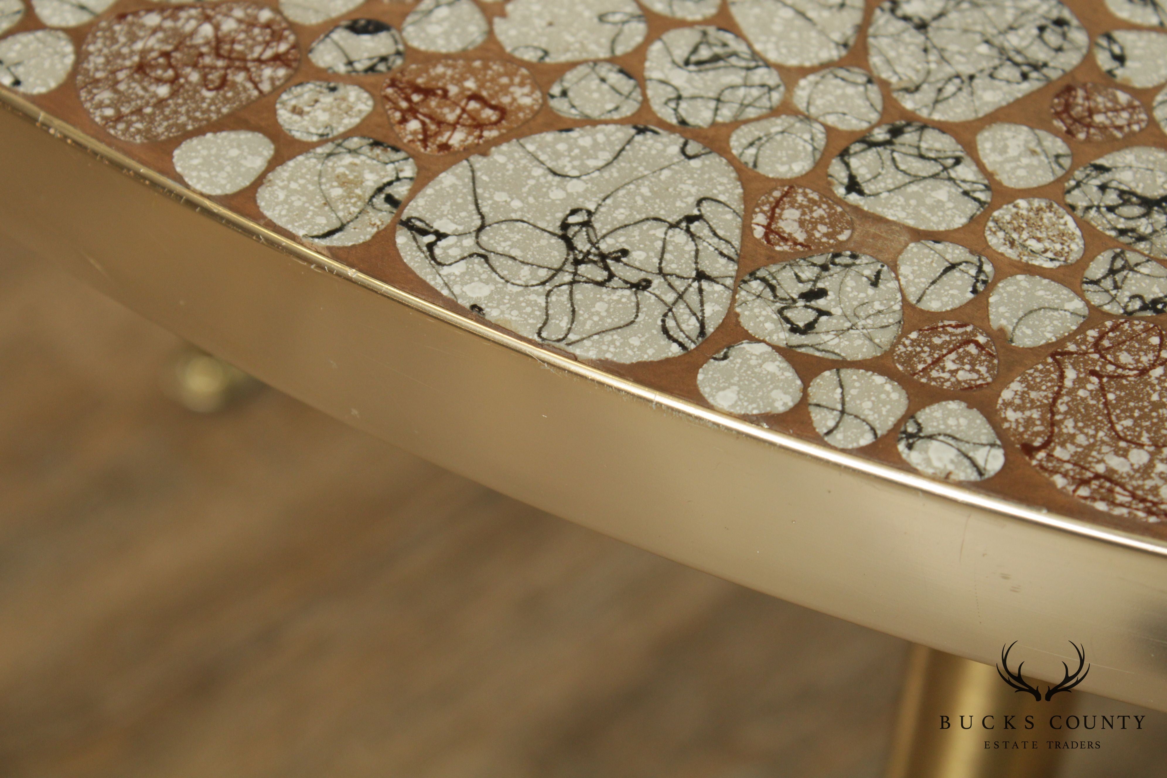 Mid-Century Modern Round Brass Faux Stone Coffee Table