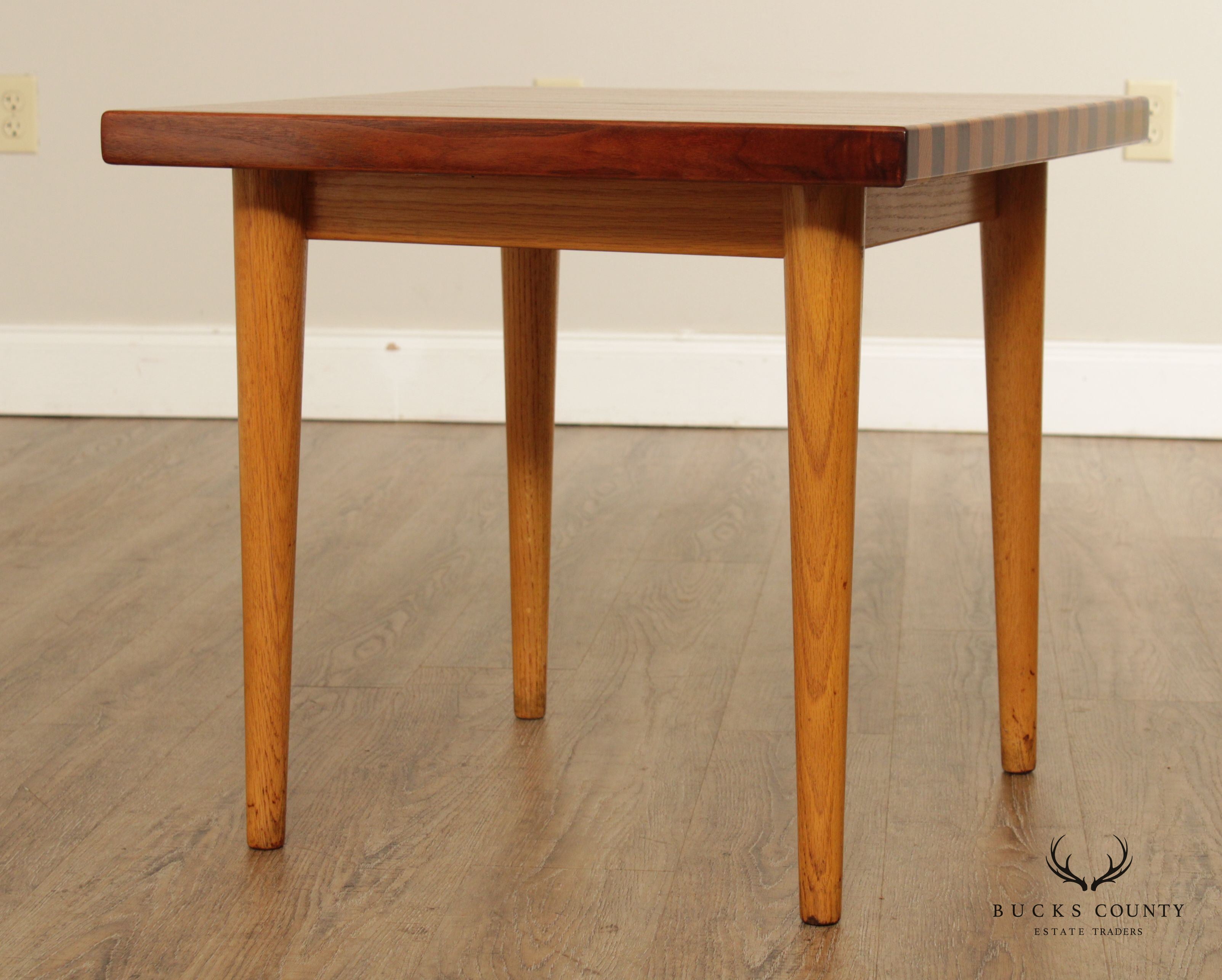 Mid Century Modern Oak and Walnut Square Butcher Block Side Table