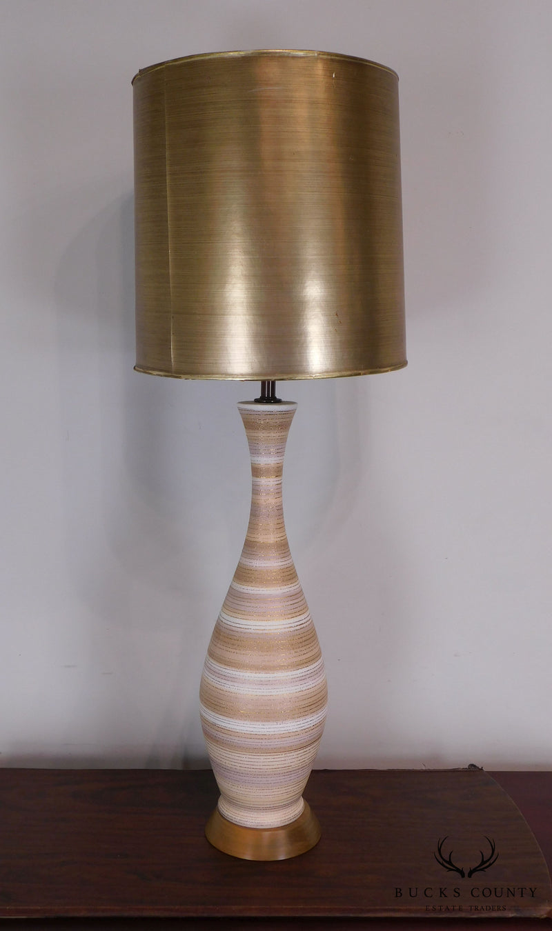 Pair Mid Century Modern Slender Vase Shaped Ceramic Table Lamps with Copper Foil Shades